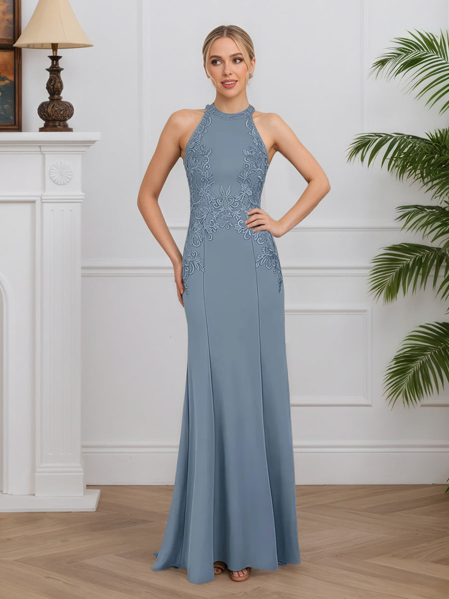 Cicinia Bleu Poussiéreux Robe pour Mère de la Mariée Longue en Tissu Extensible Licou Fourreau sans Manches