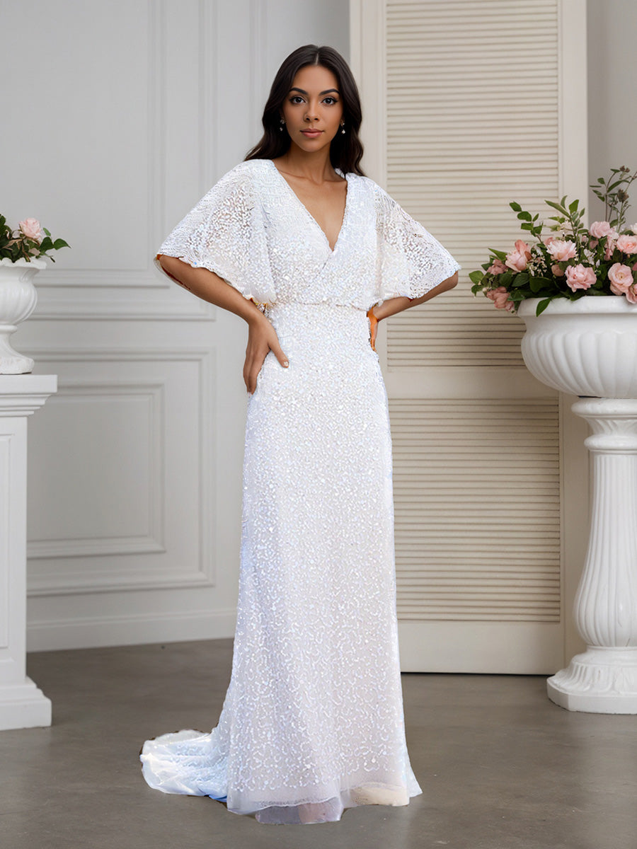 Cicinia Robe de Mariée Longue Fourreau Décolleté en V à Manches Dolman Magnifique
