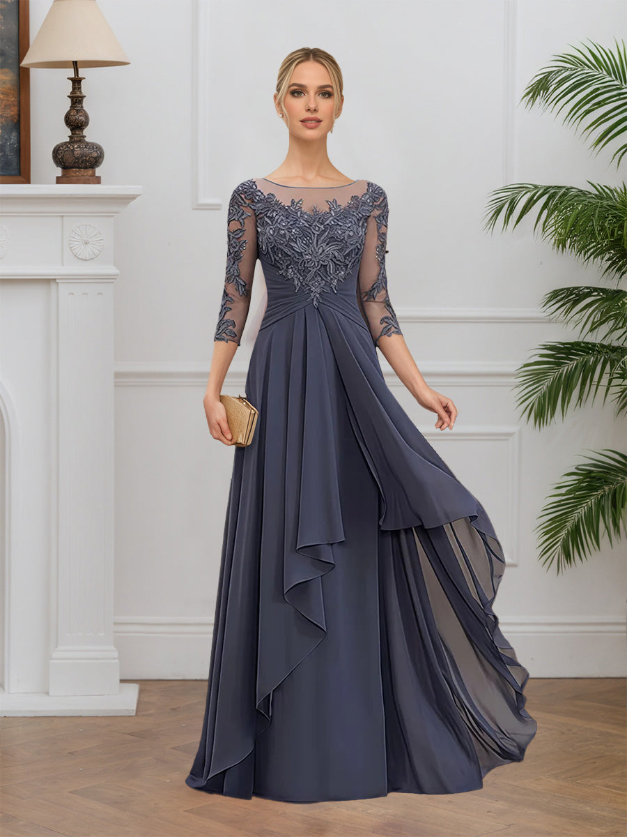 Cicinia Tempête Robe pour Mère de la Mariée Longue en Mousseline et Dentelle A-Line Manches Demi-longues Décolleté en Rond