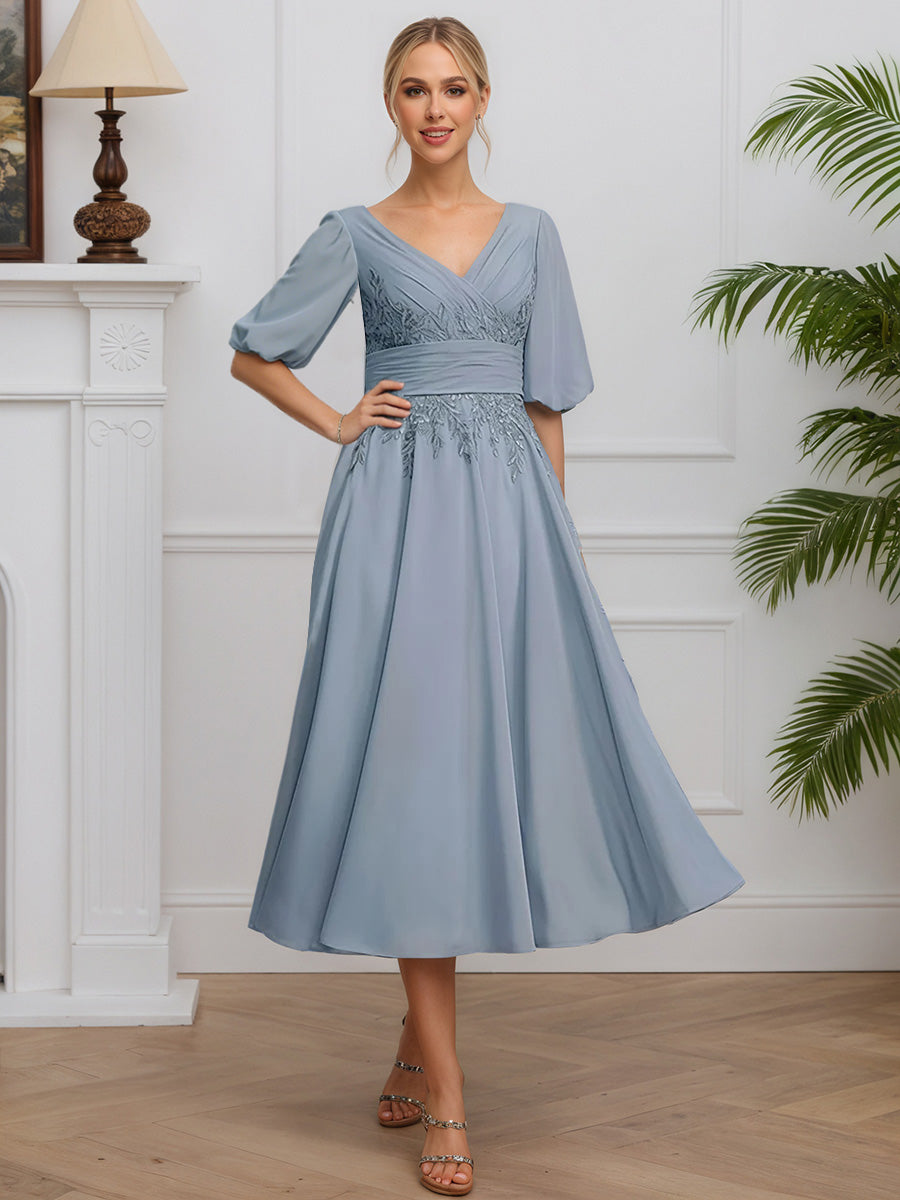 Cicinia Bleu Poussiéreux Robe pour Mère de la Mariée Longue en Mousseline et Dentelle A-Line Manches Bouffantes Longueur Midi (Thé)