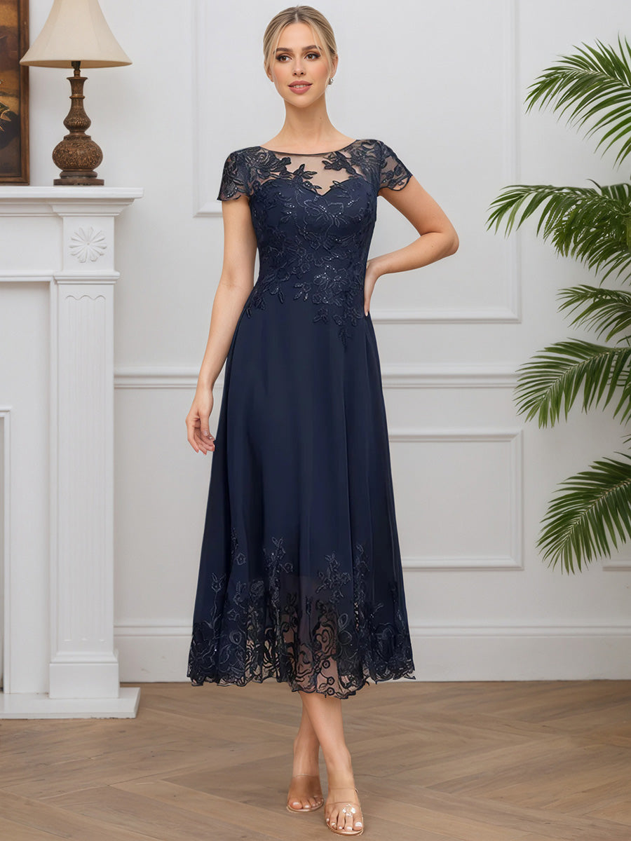 Cicinia Bleu Marine Foncé Robe pour Mère de la Mariée Longue en Mousseline et Dentelle A-Line Manches Capelines Courtes