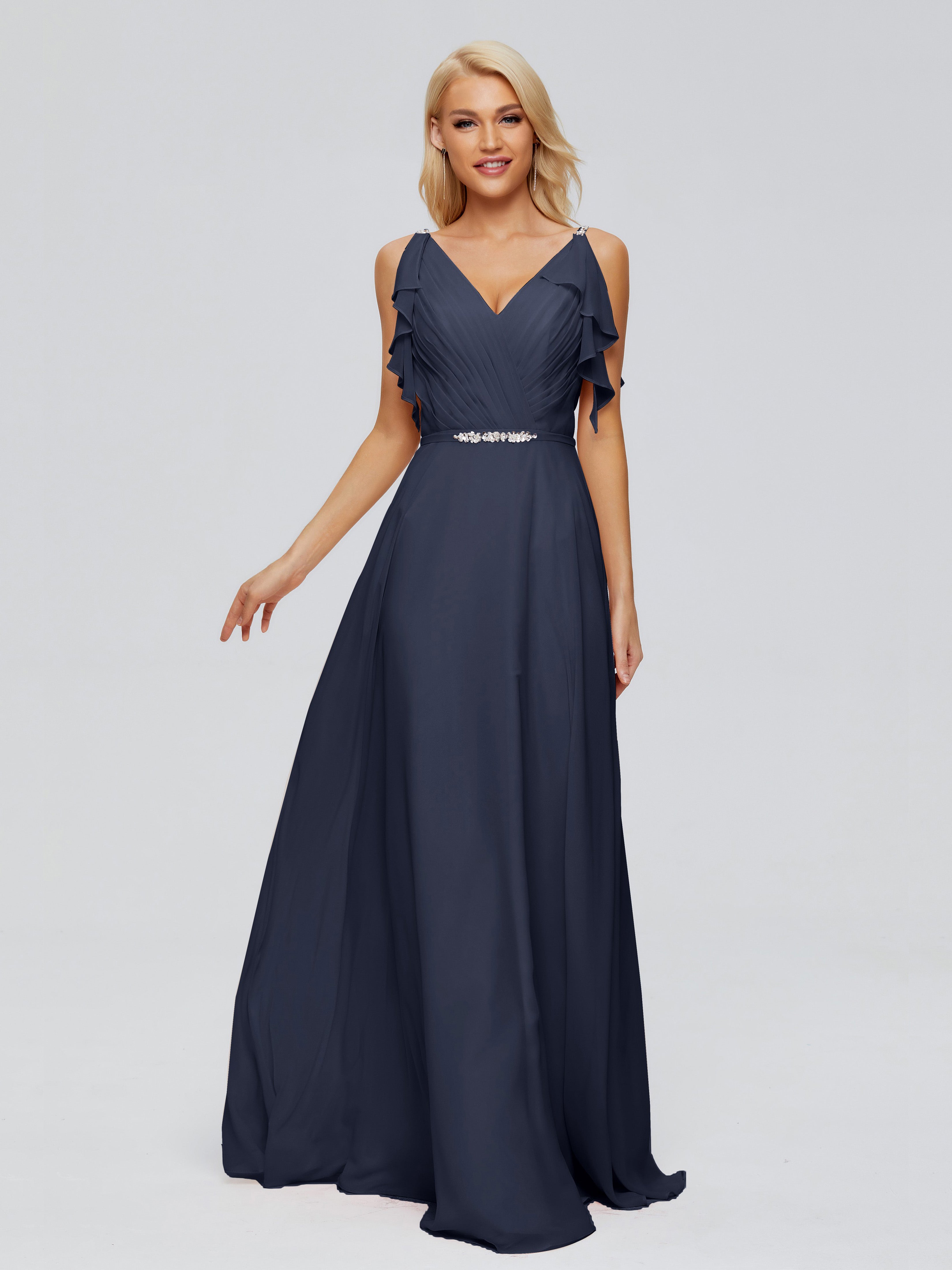 Robes De Demoiselle D'Honneur Bleu Marine Modestes Trapèze Dos En V Robes Demoiselle D'Honneur