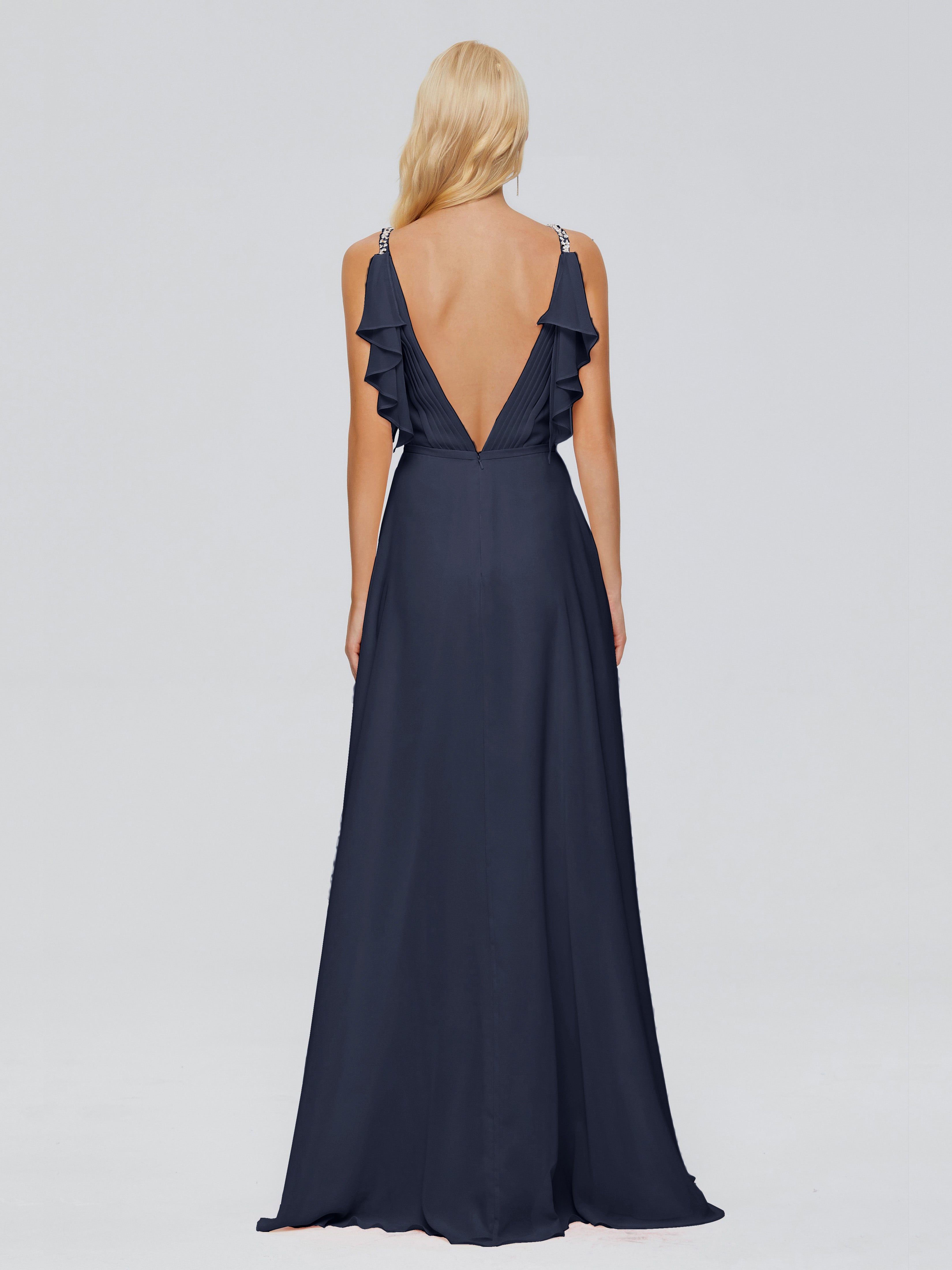 Robes De Demoiselle D'Honneur Bleu Marine Modestes Trapèze Dos En V Robes Demoiselle D'Honneur