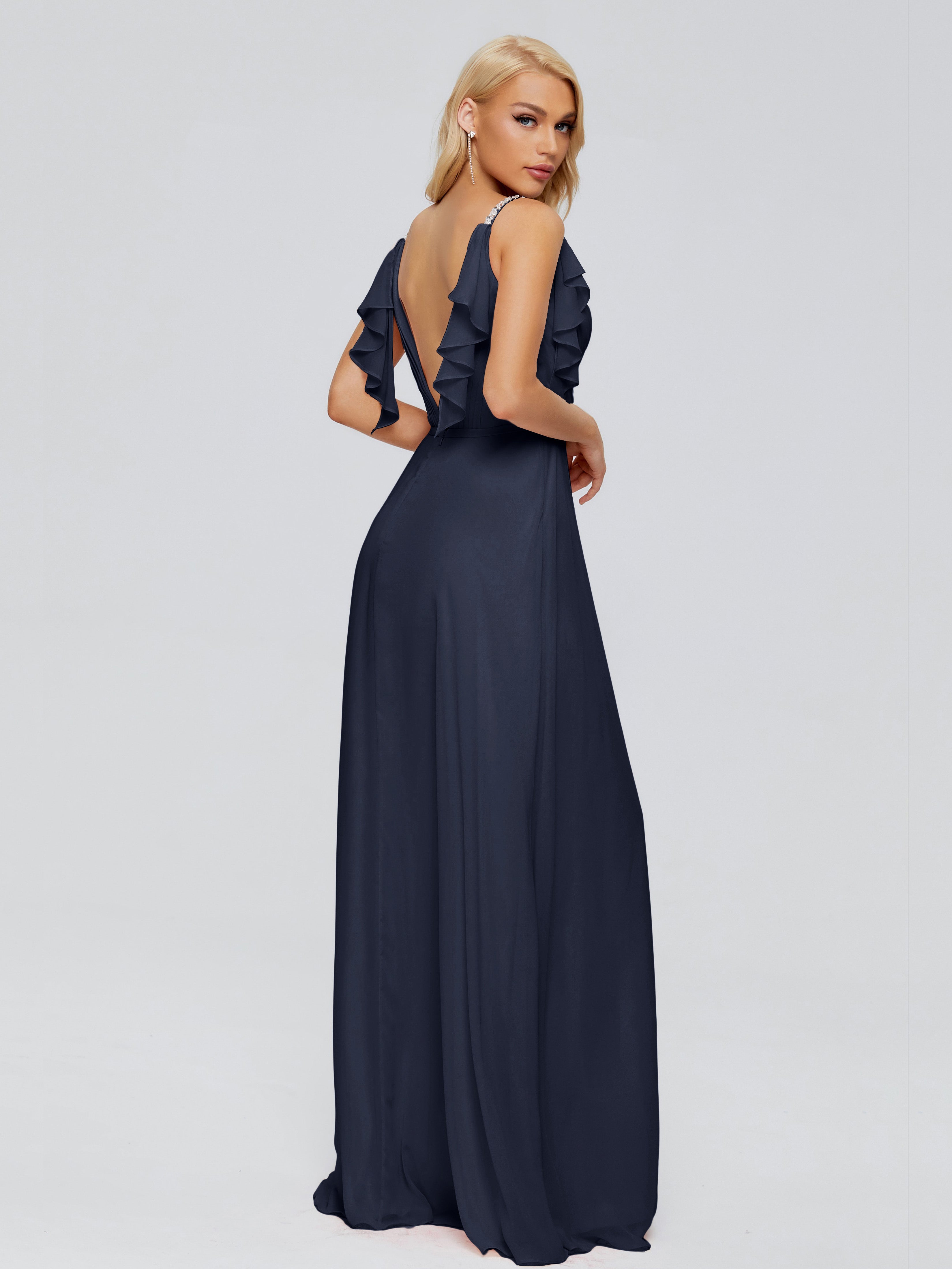 Robes De Demoiselle D'Honneur Bleu Marine Modestes Trapèze Dos En V Robes Demoiselle D'Honneur