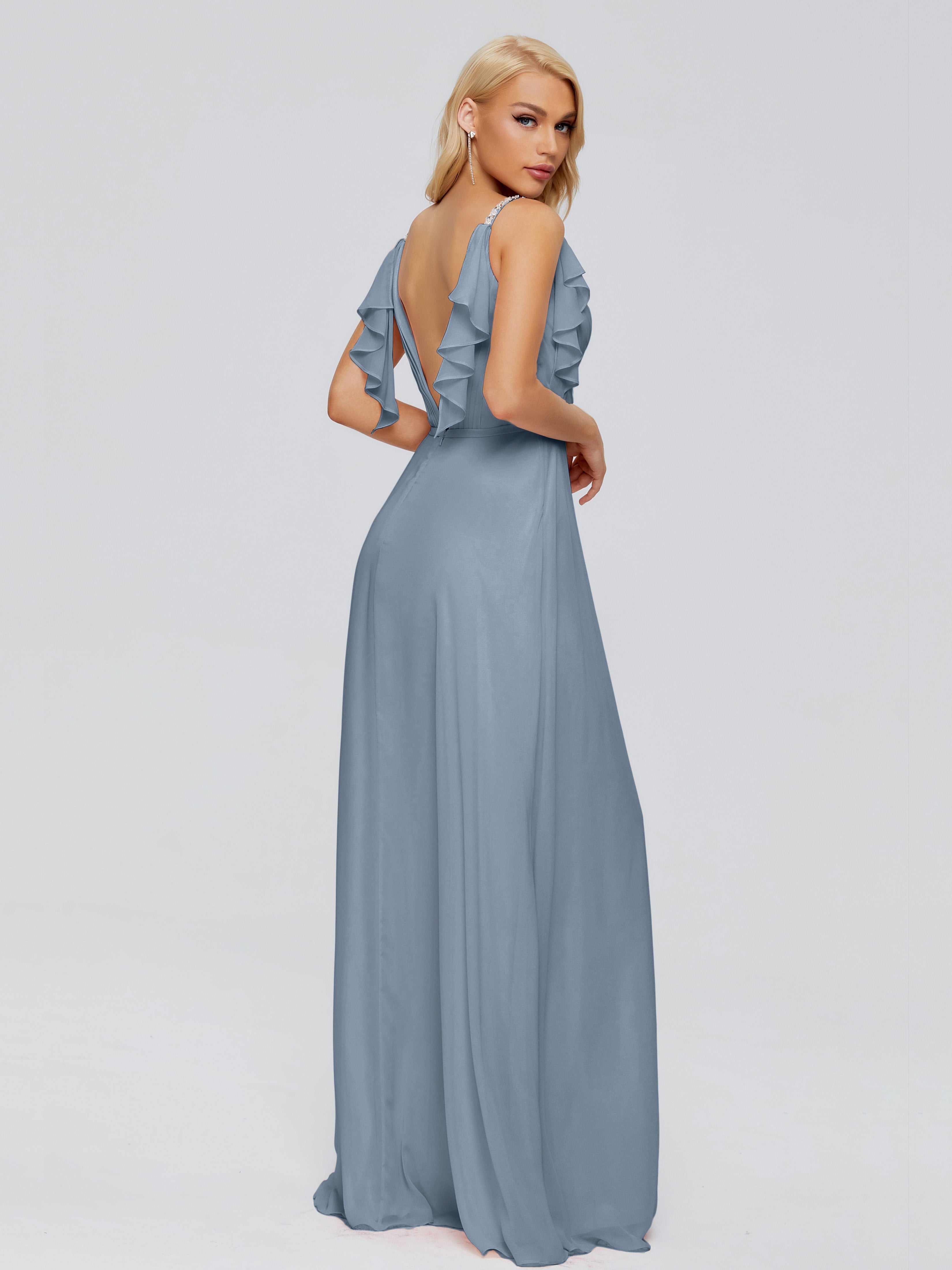 Robes De Demoiselle D'Honneur Bleu Gris Trapèze Dos En V Robes Demoiselle D'Honneur