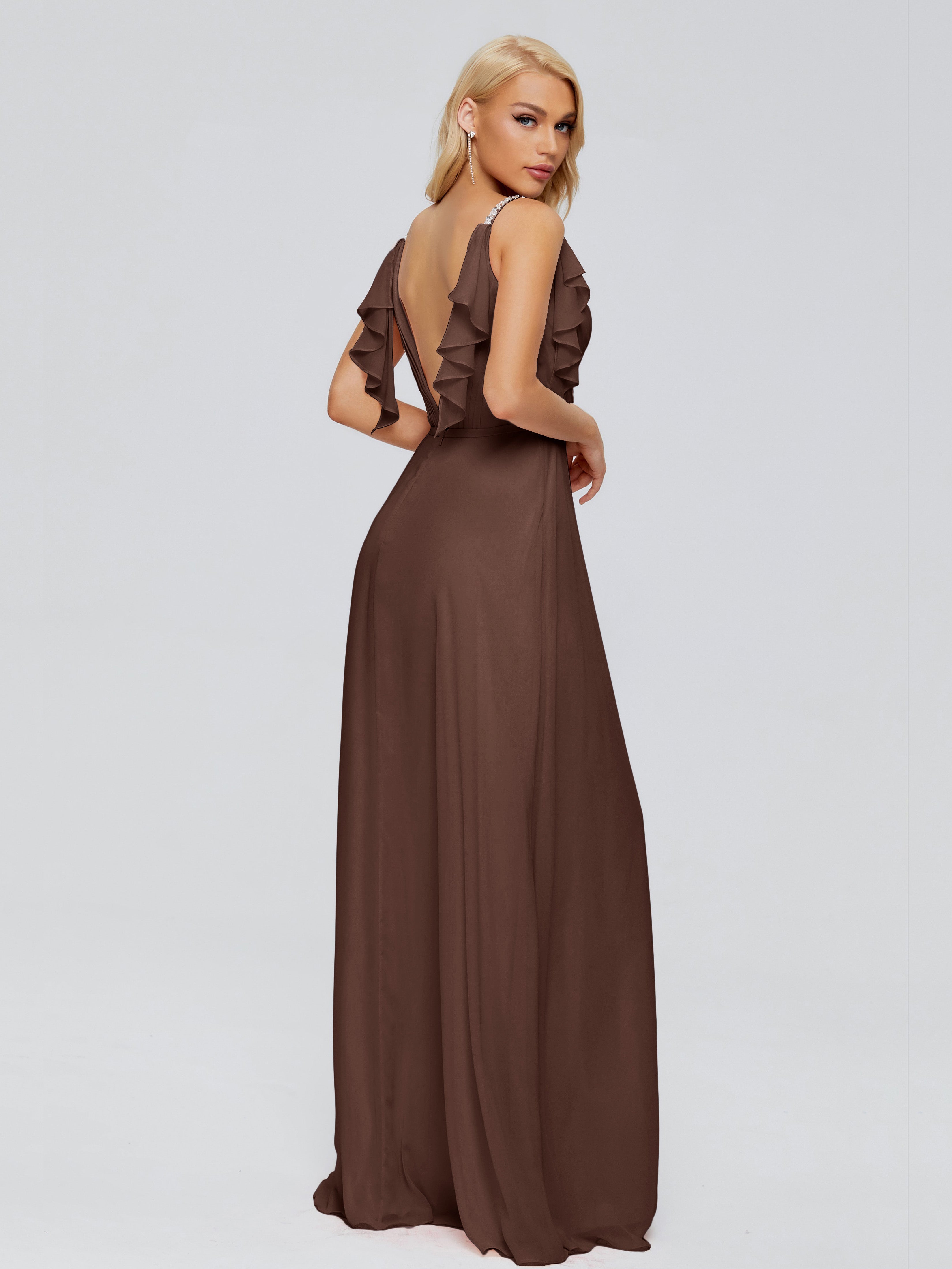 Robe Demoiselle D Honneur Marron Chocolat Trapèze Dos En V Robes Demoiselle D'Honneur