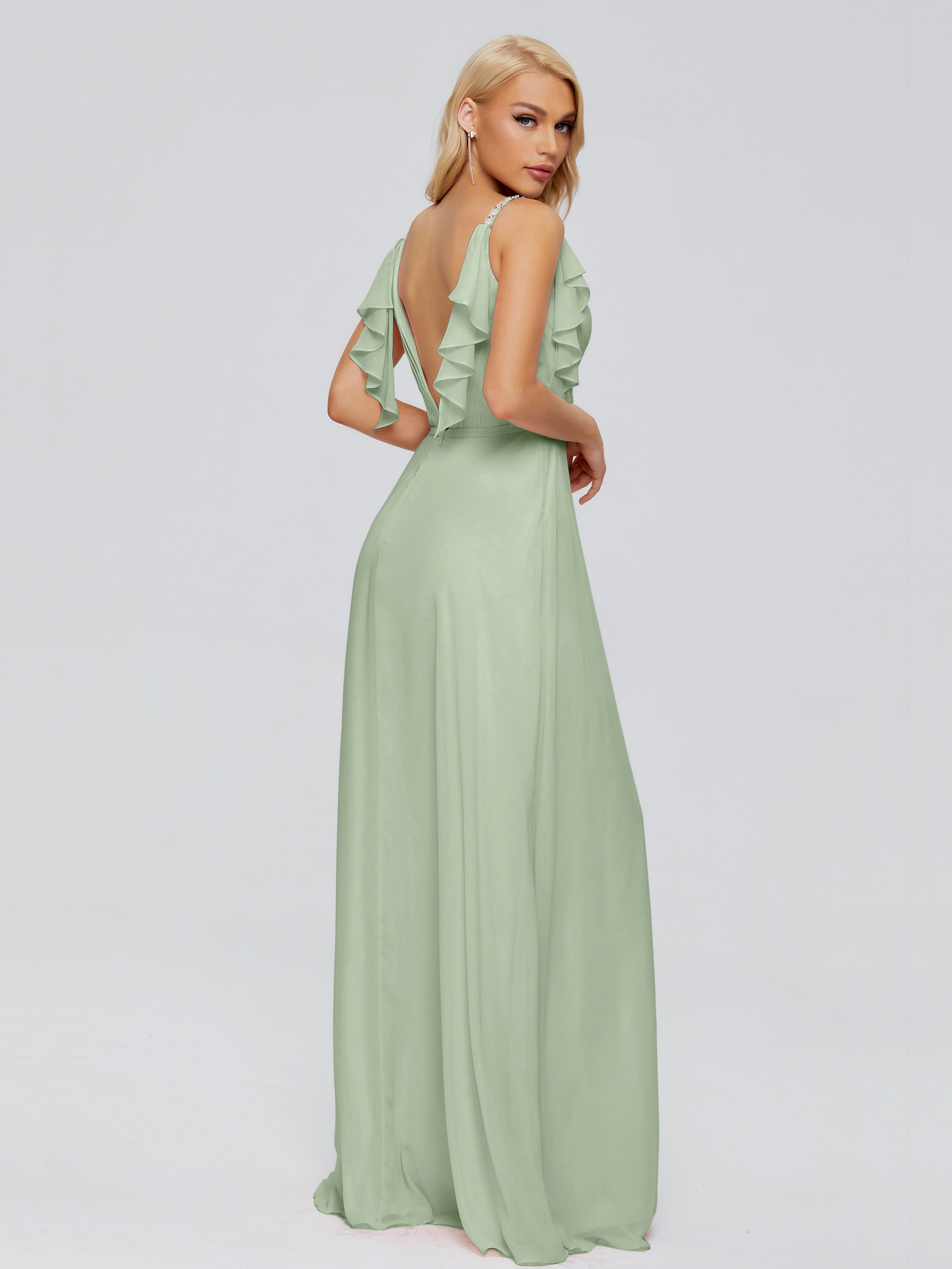 Robe De Demoiselle D'Honneur De Sauge Poussiéreuse Au Sol Trapèze Dos En V Robes Demoiselle D'Honneur