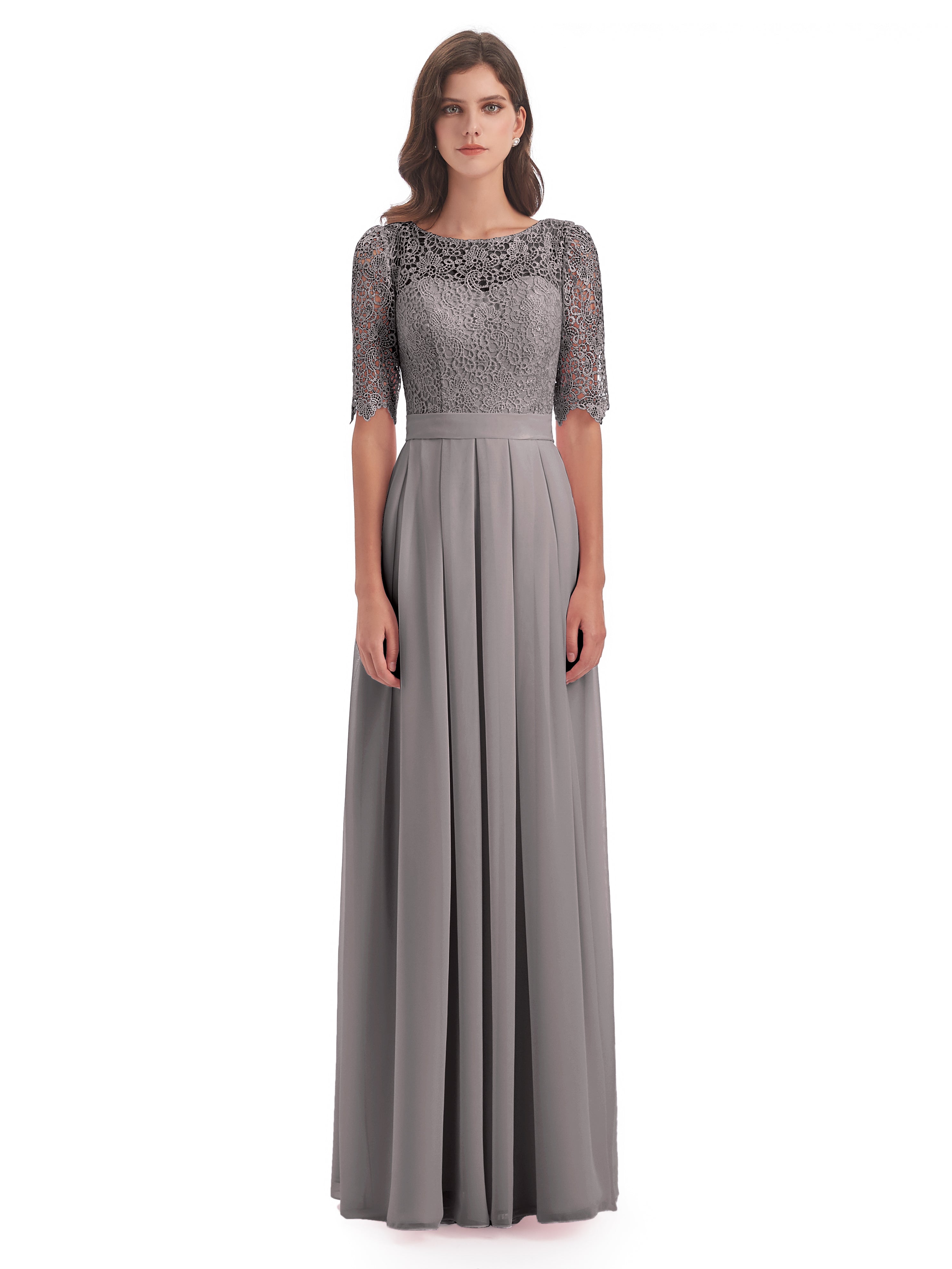 Robe Demoiselle D Honneur Argent Demi Manches Encolure Dégagée Robes Demoiselle D'Honneur