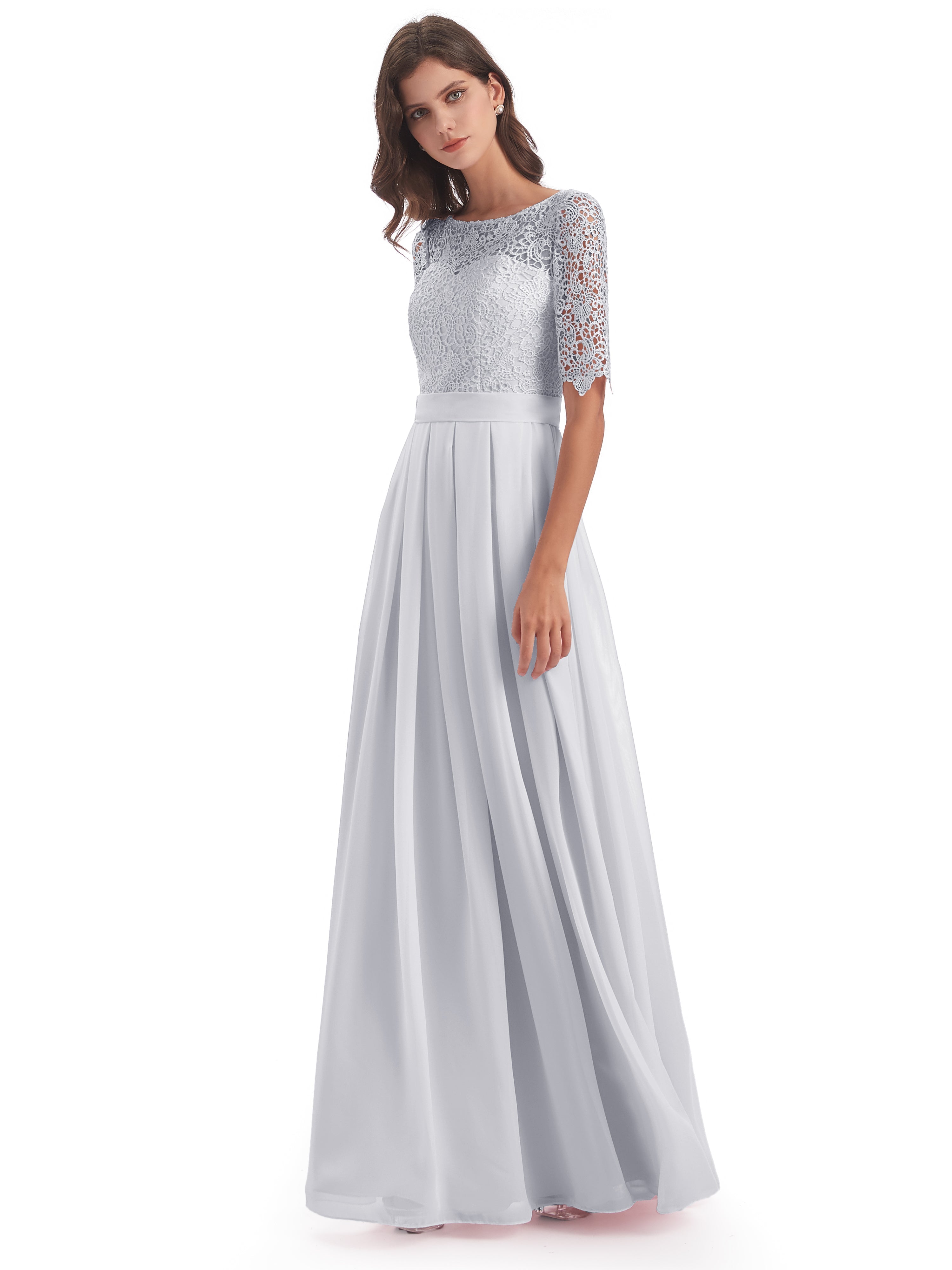 Robe Blanche De Demoiselle D Honneur Demi Manches Encolure Dégagée Robes Demoiselle D'Honneur