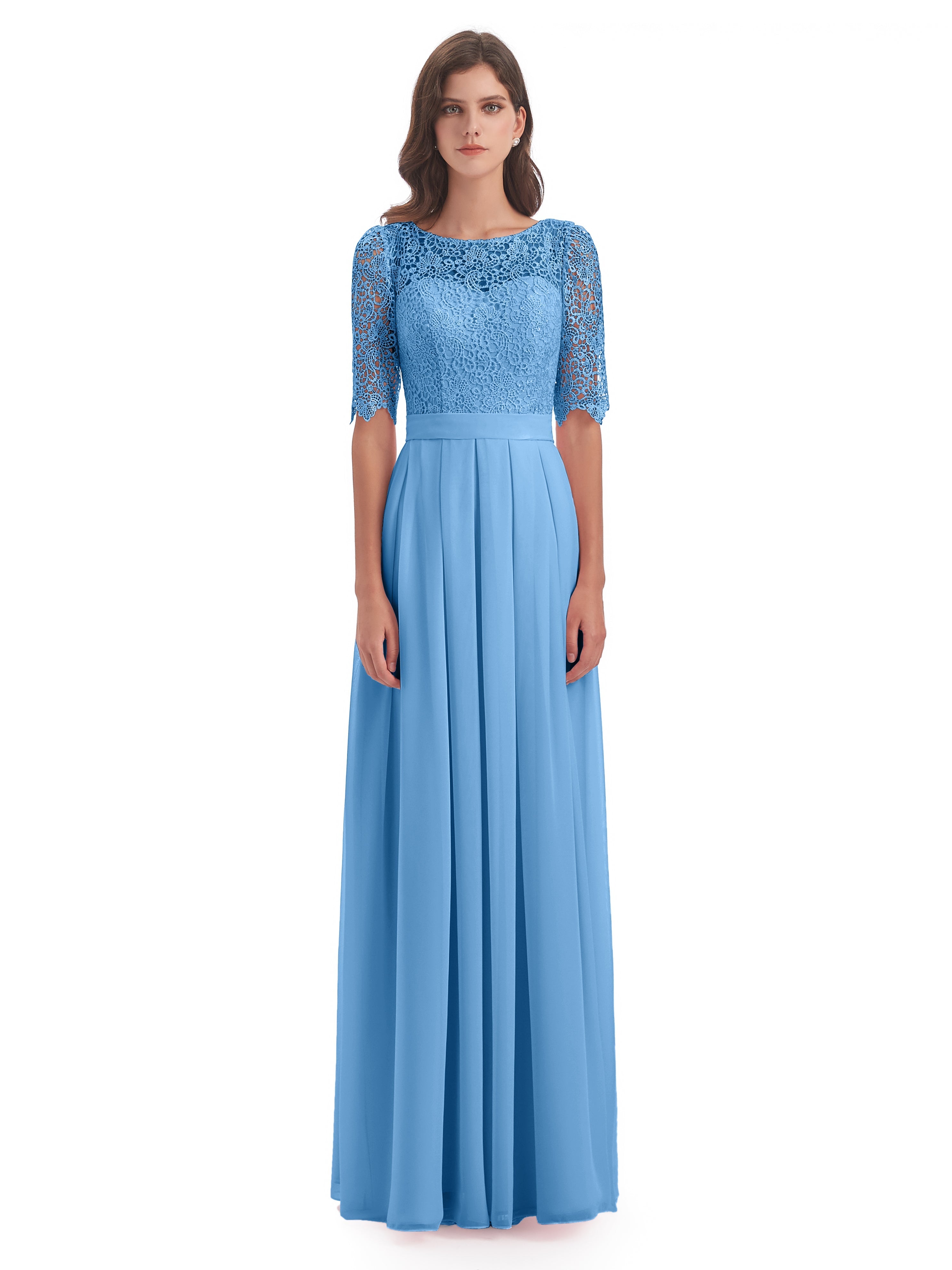 Robe Demoiselle D Honneur Bleu Demi Manches Encolure Dégagée Robes Demoiselle D'Honneur