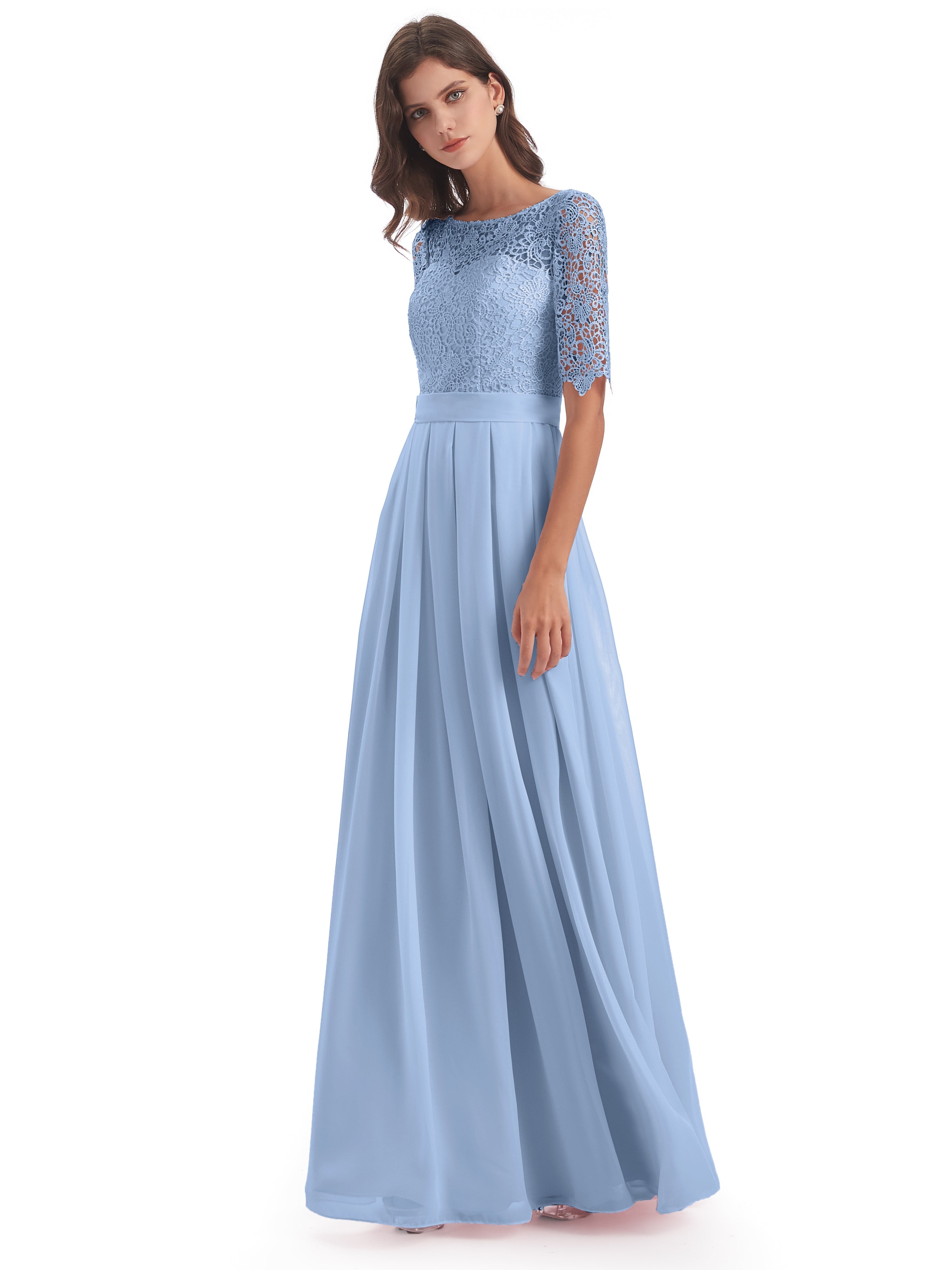 Robe Demoiselle D Honneur Bleue Ciel Demi Manches Encolure Dégagée Robes Demoiselle D'Honneur