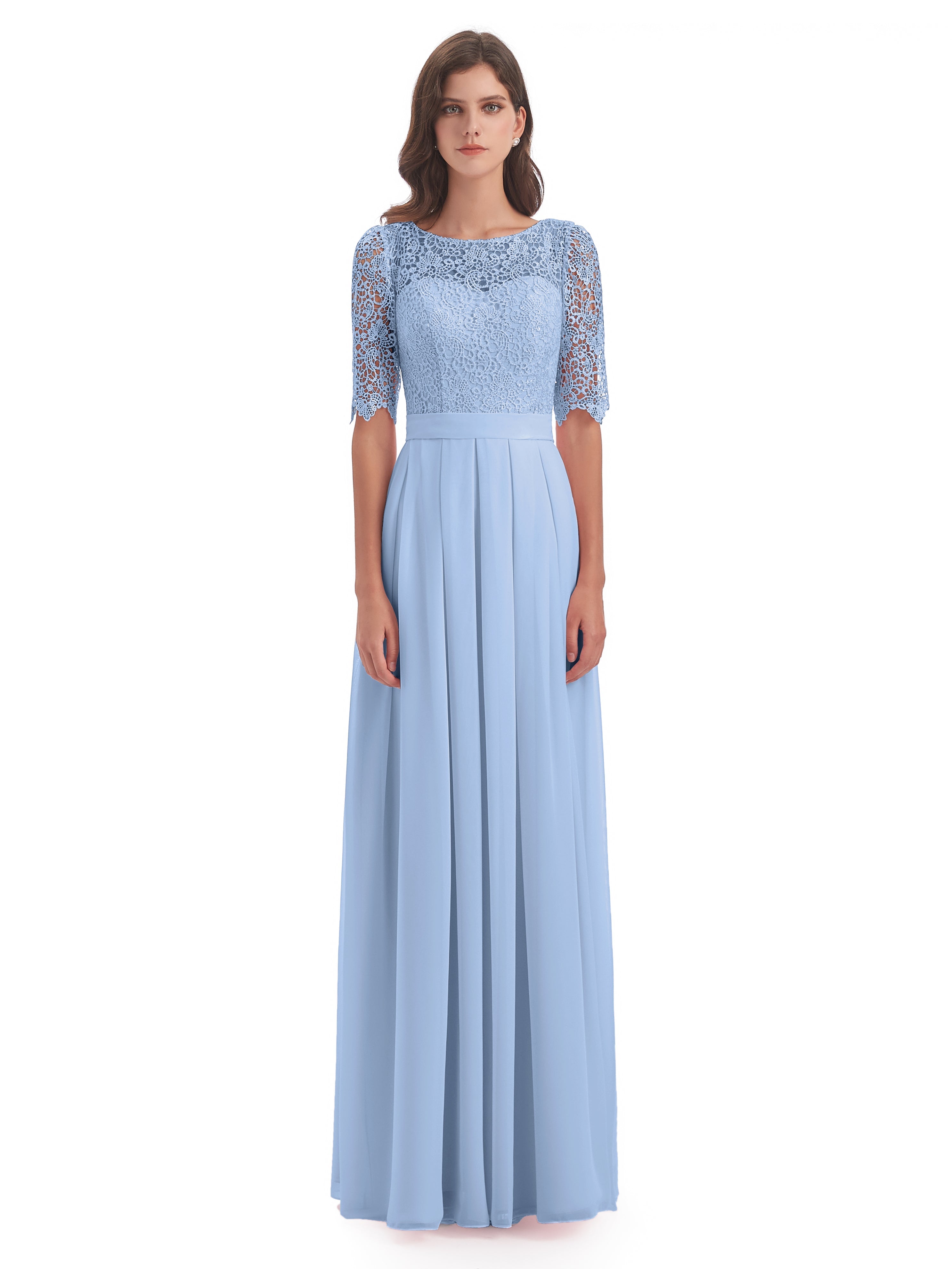 Robe Demoiselle D Honneur Bleue Ciel Demi Manches Encolure Dégagée Robes Demoiselle D'Honneur