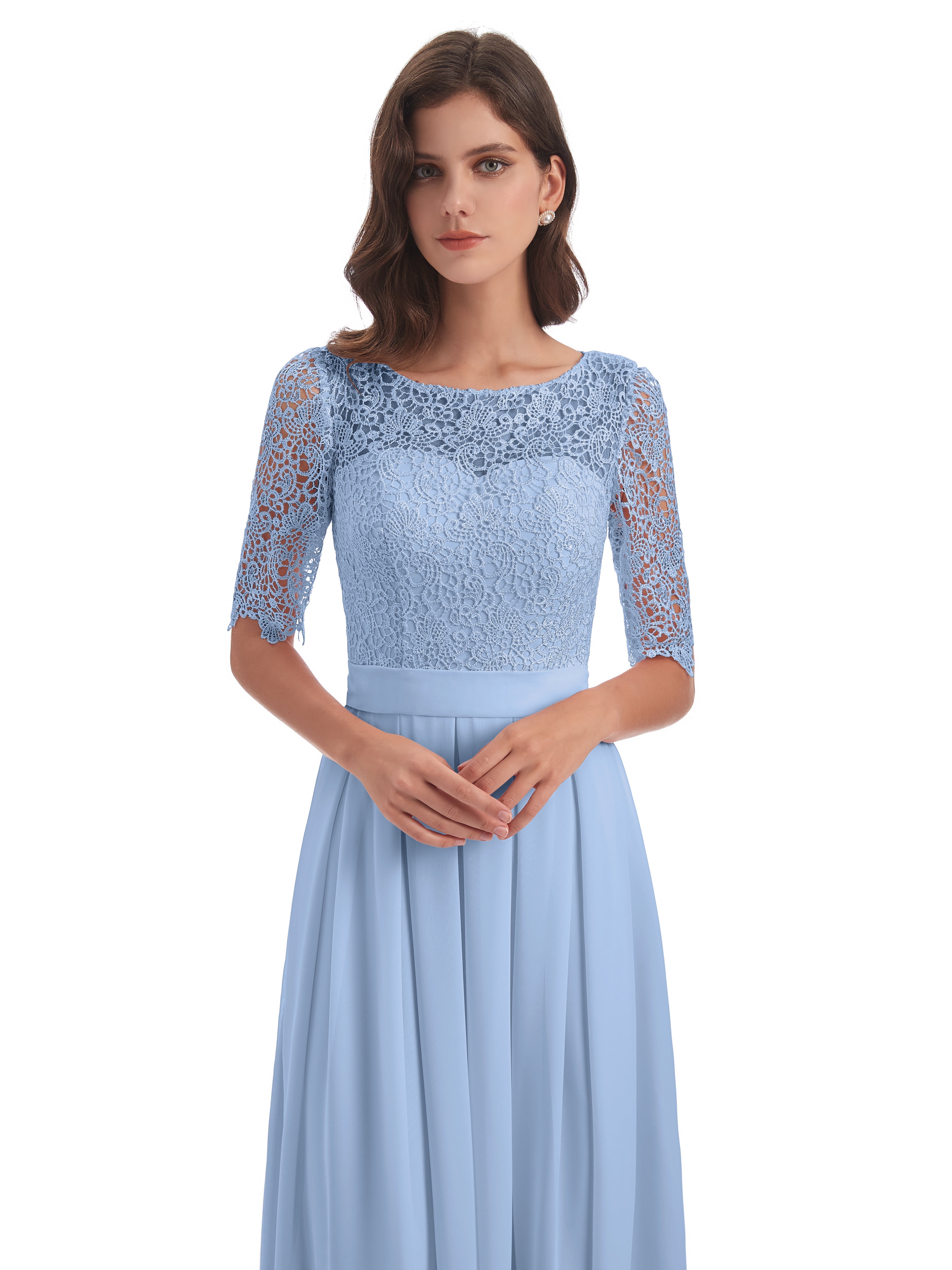 Robe Demoiselle D Honneur Bleue Ciel Demi Manches Encolure Dégagée Robes Demoiselle D'Honneur