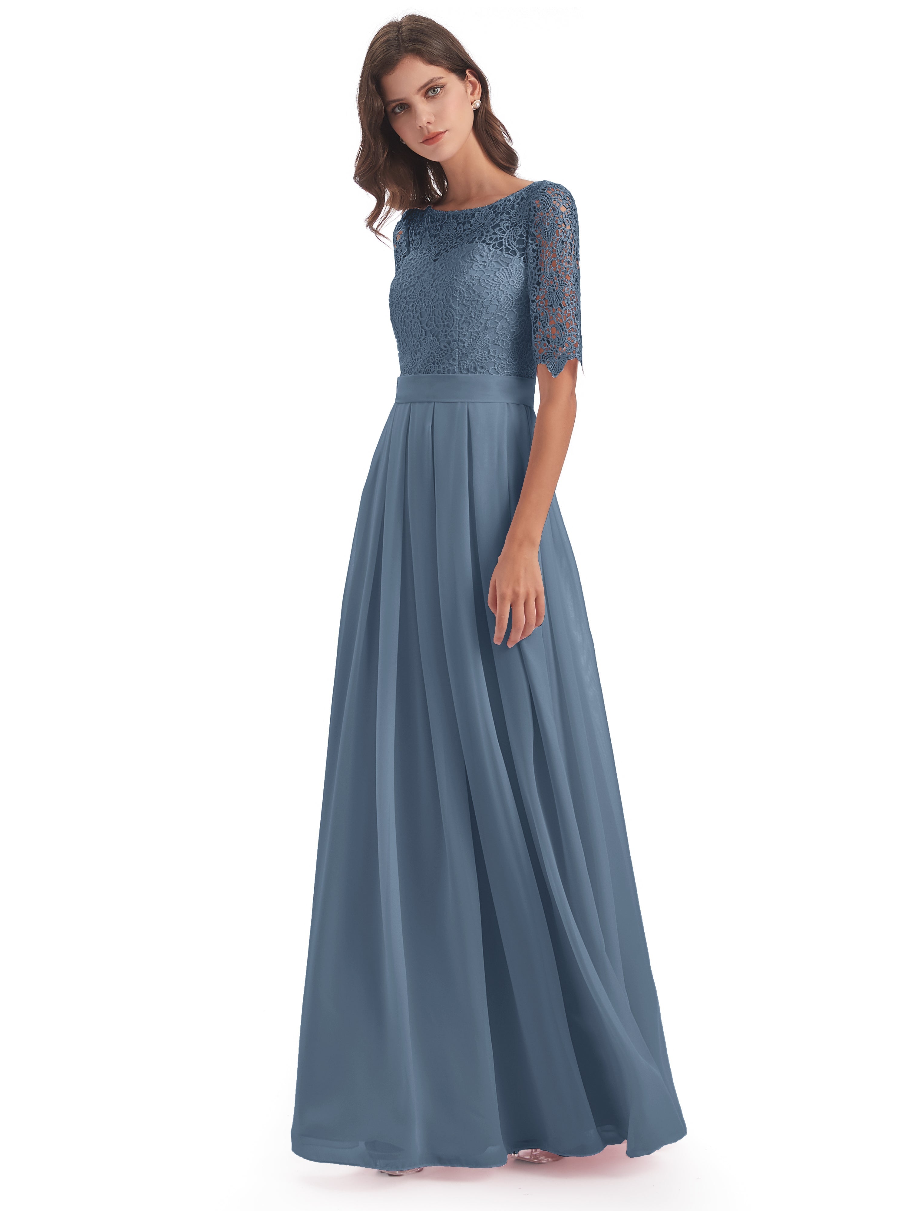 Robes De Demoiselle D'Honneur Bleu De Schiste Demi Manches Encolure Dégagée Robes Demoiselle D'Honneur
