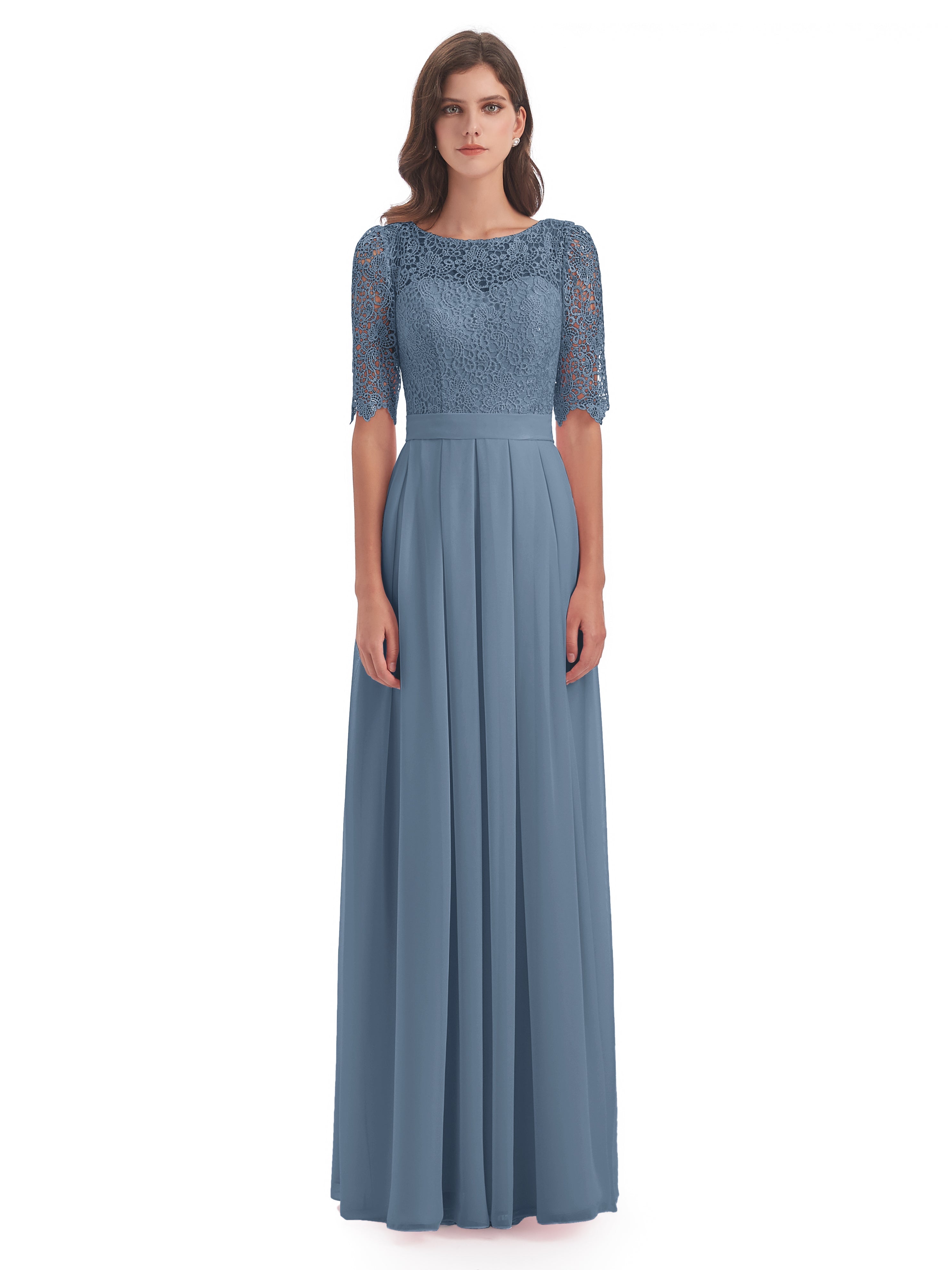 Robes De Demoiselle D'Honneur Bleu De Schiste Demi Manches Encolure Dégagée Robes Demoiselle D'Honneur