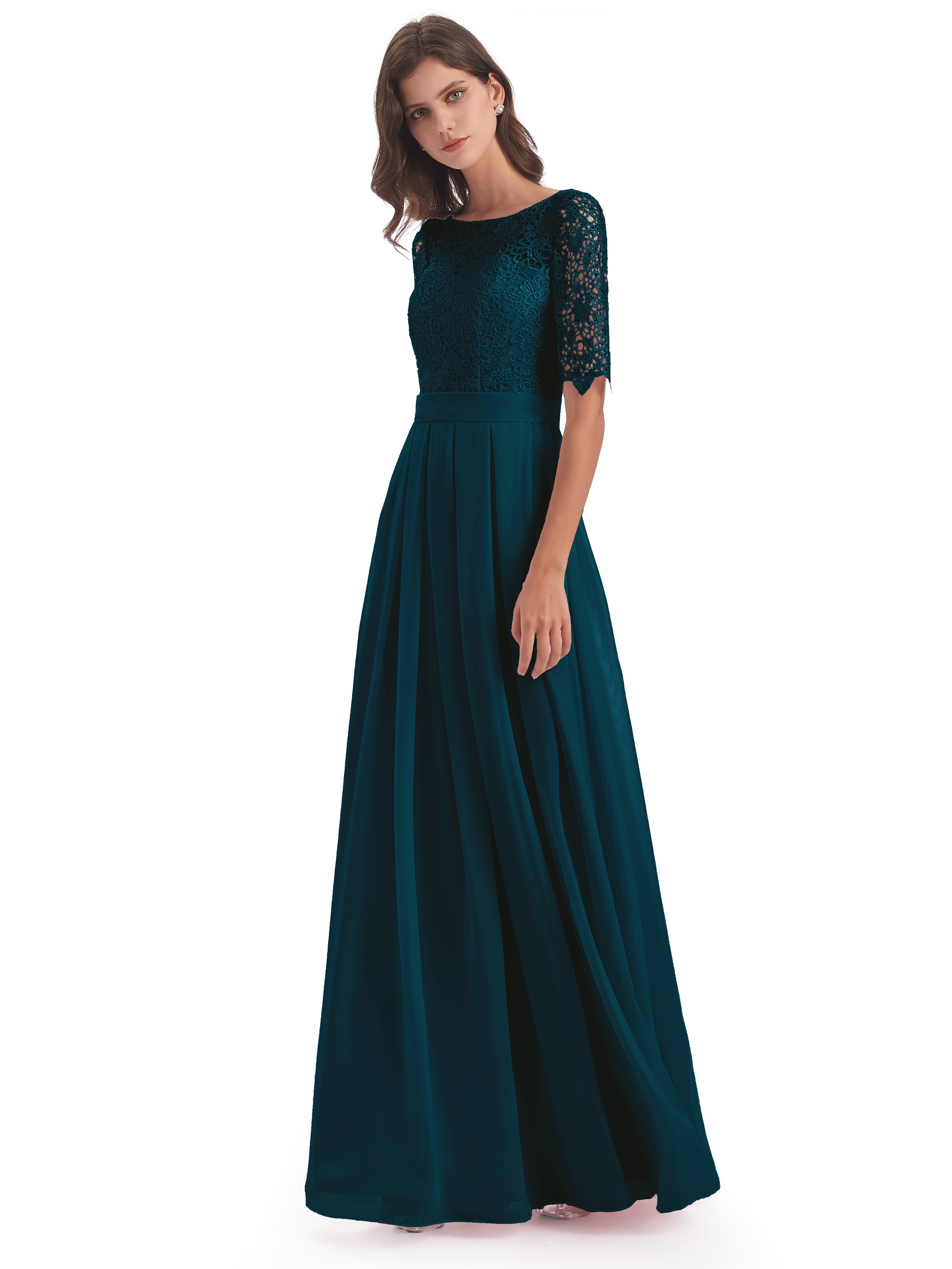 Robe De Demoiselle D'Honneur Bleu Encre Demi Manches Encolure Dégagée Robes Demoiselle D'Honneur