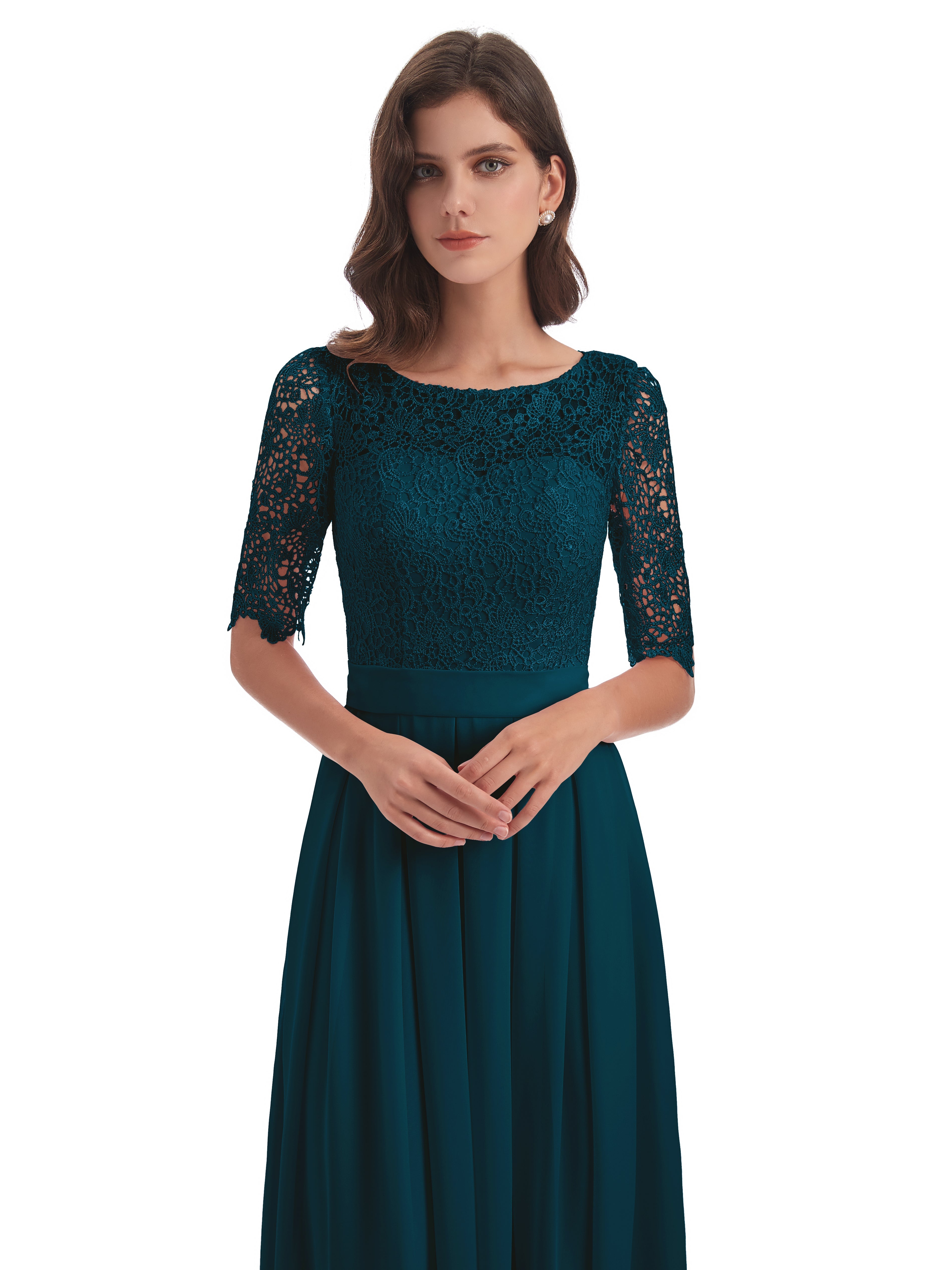 Robe De Demoiselle D'Honneur Bleu Encre Demi Manches Encolure Dégagée Robes Demoiselle D'Honneur