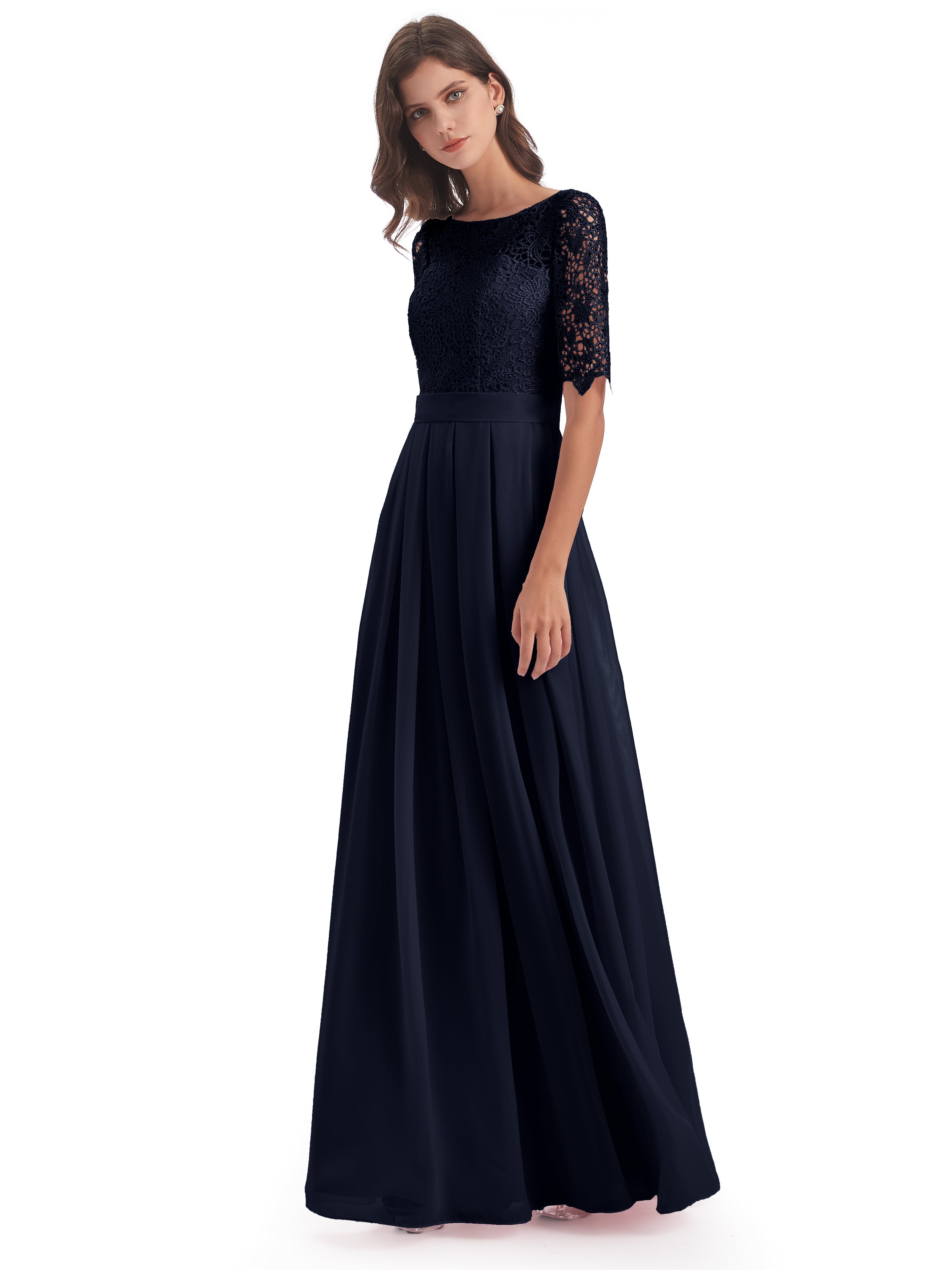 Robe Bleu Marine Demoiselle D Honneur Demi Manches Encolure Dégagée Robes Demoiselle D'Honneur