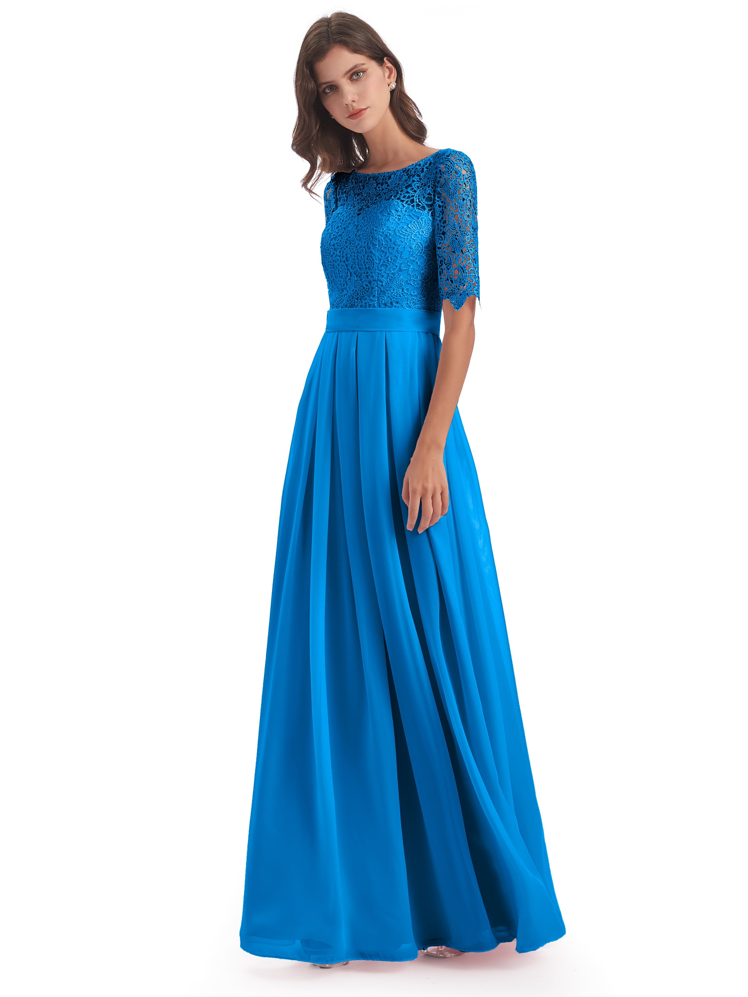 Robes De Demoiselle D'Honneur Bleu Océan Demi Manches Encolure Dégagée Robes Demoiselle D'Honneur