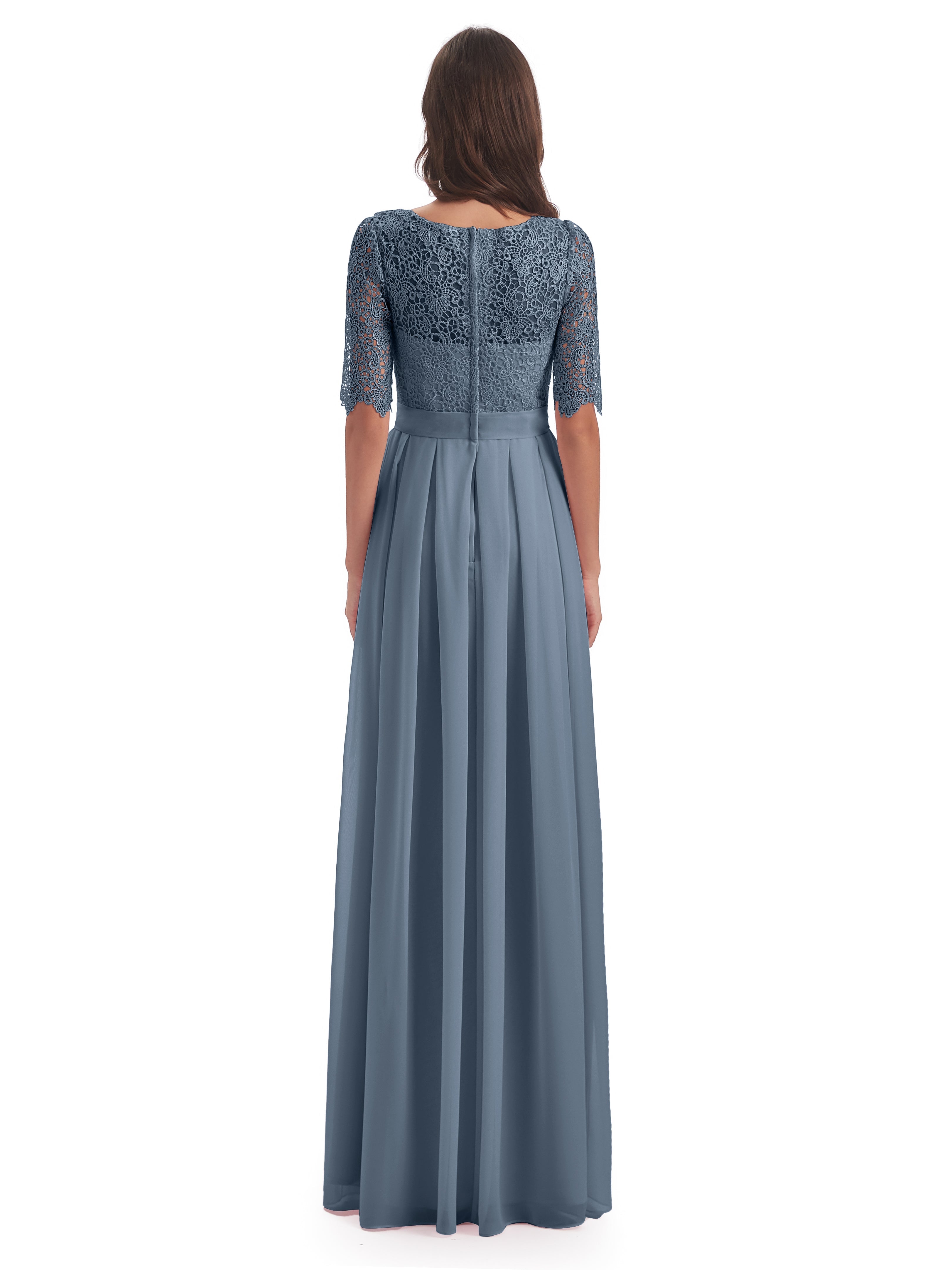 Robes De Demoiselle D'Honneur Bleu Gris Demi Manches Encolure Dégagée Robes Demoiselle D'Honneur