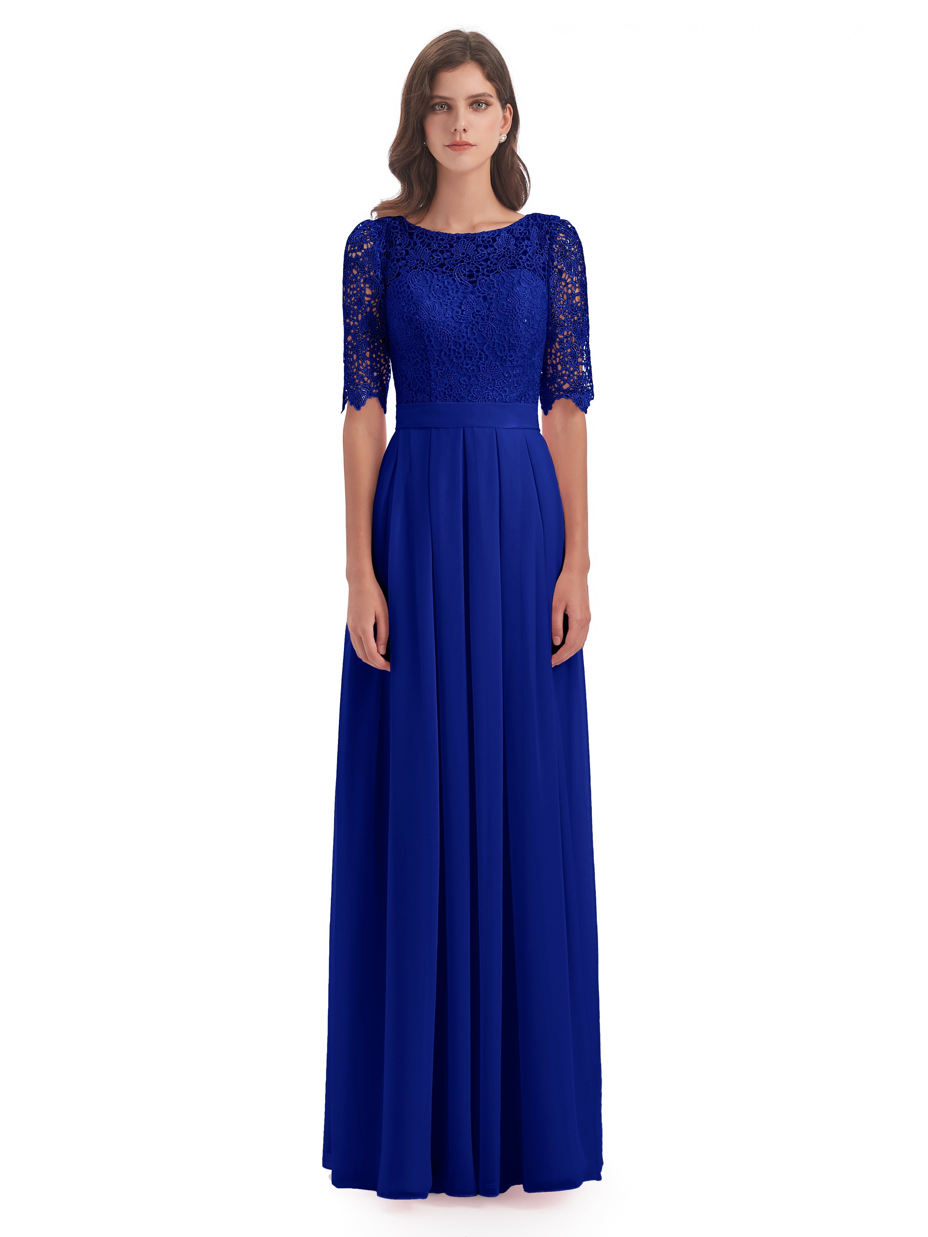 Robe Demoiselle D Honneur Bleue Roi Demi Manches Encolure Dégagée Robes Demoiselle D'Honneur