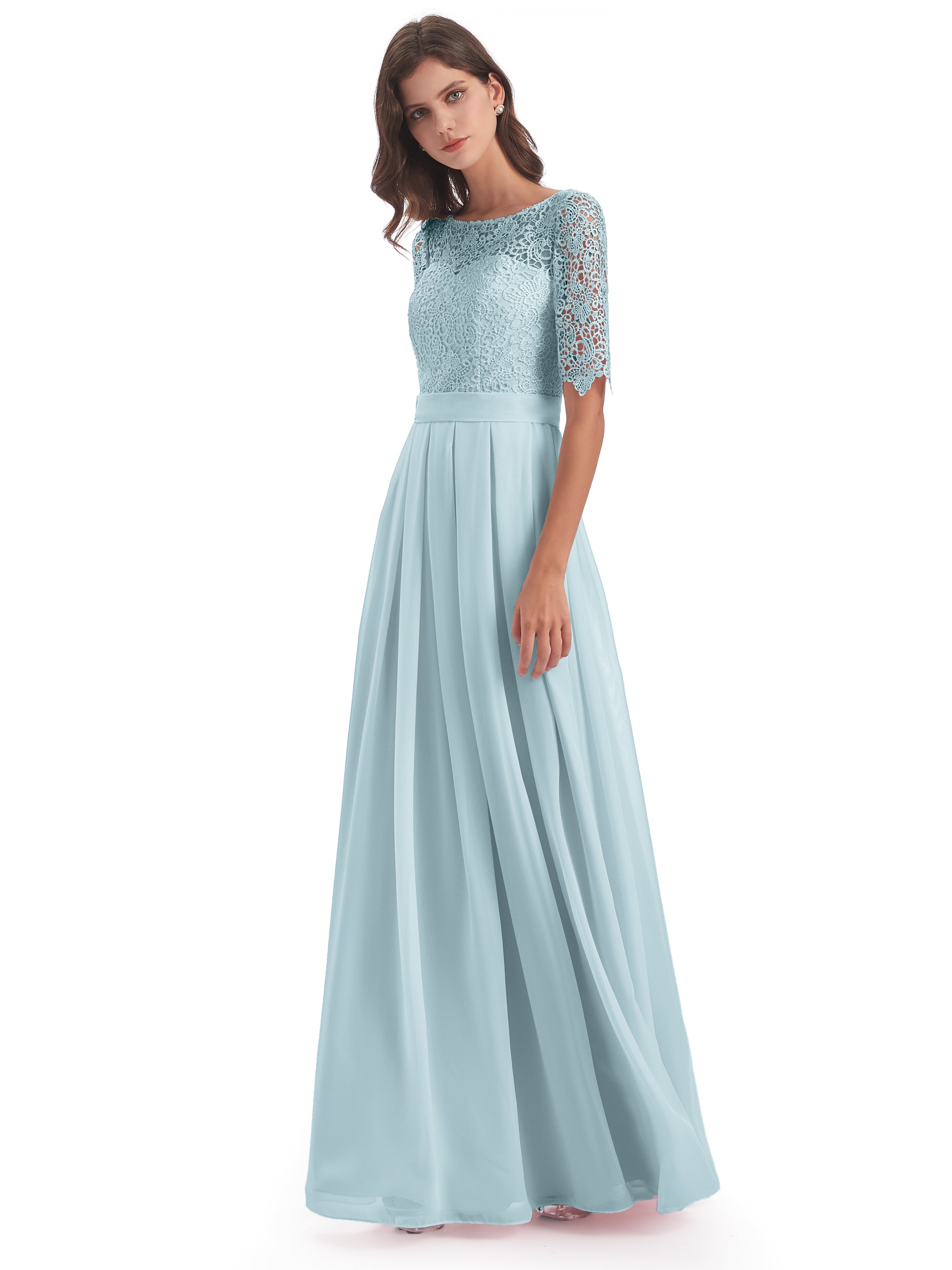 Robe De Demoiselle D'Honneur Brume Demi Manches Encolure Dégagée Robes Demoiselle D'Honneur