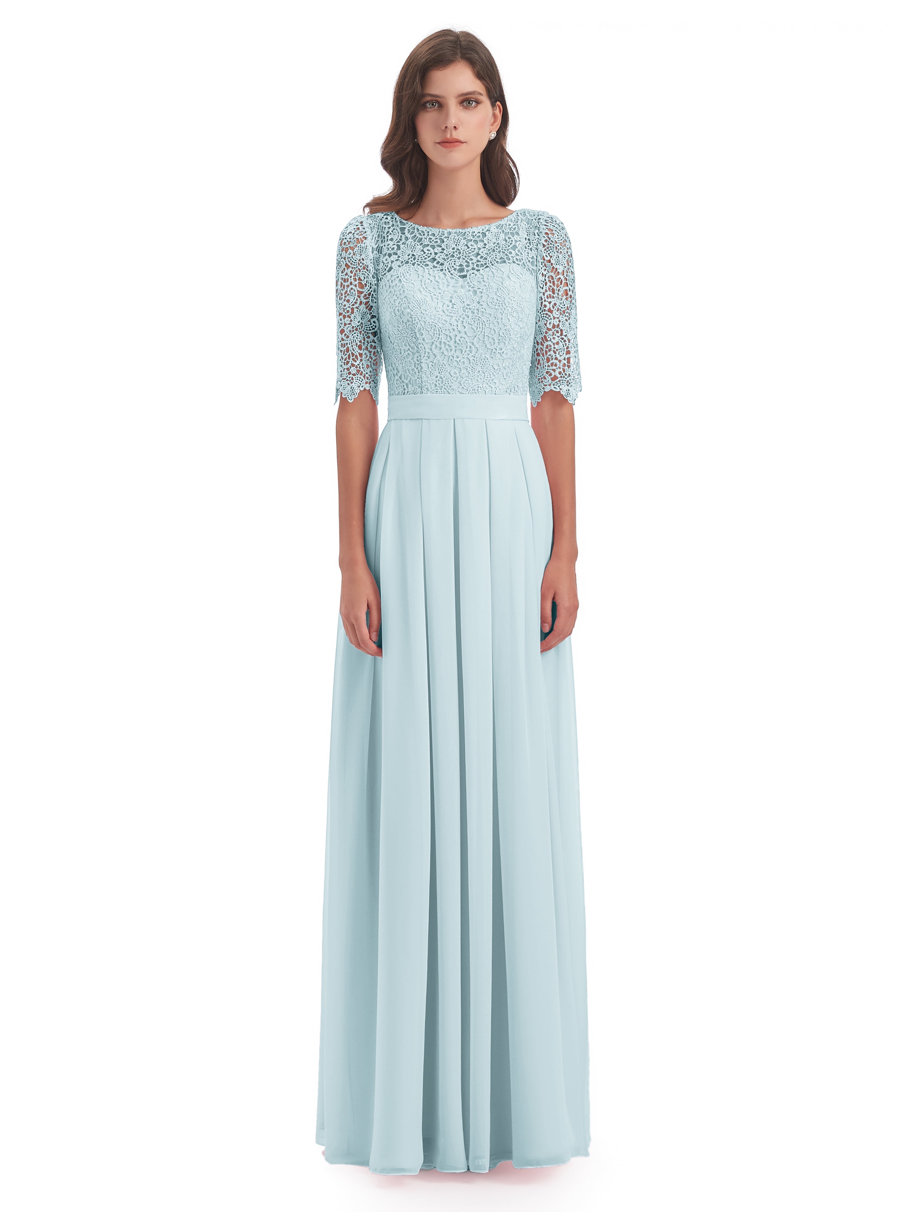 Robe De Demoiselle D'Honneur Brume Demi Manches Encolure Dégagée Robes Demoiselle D'Honneur