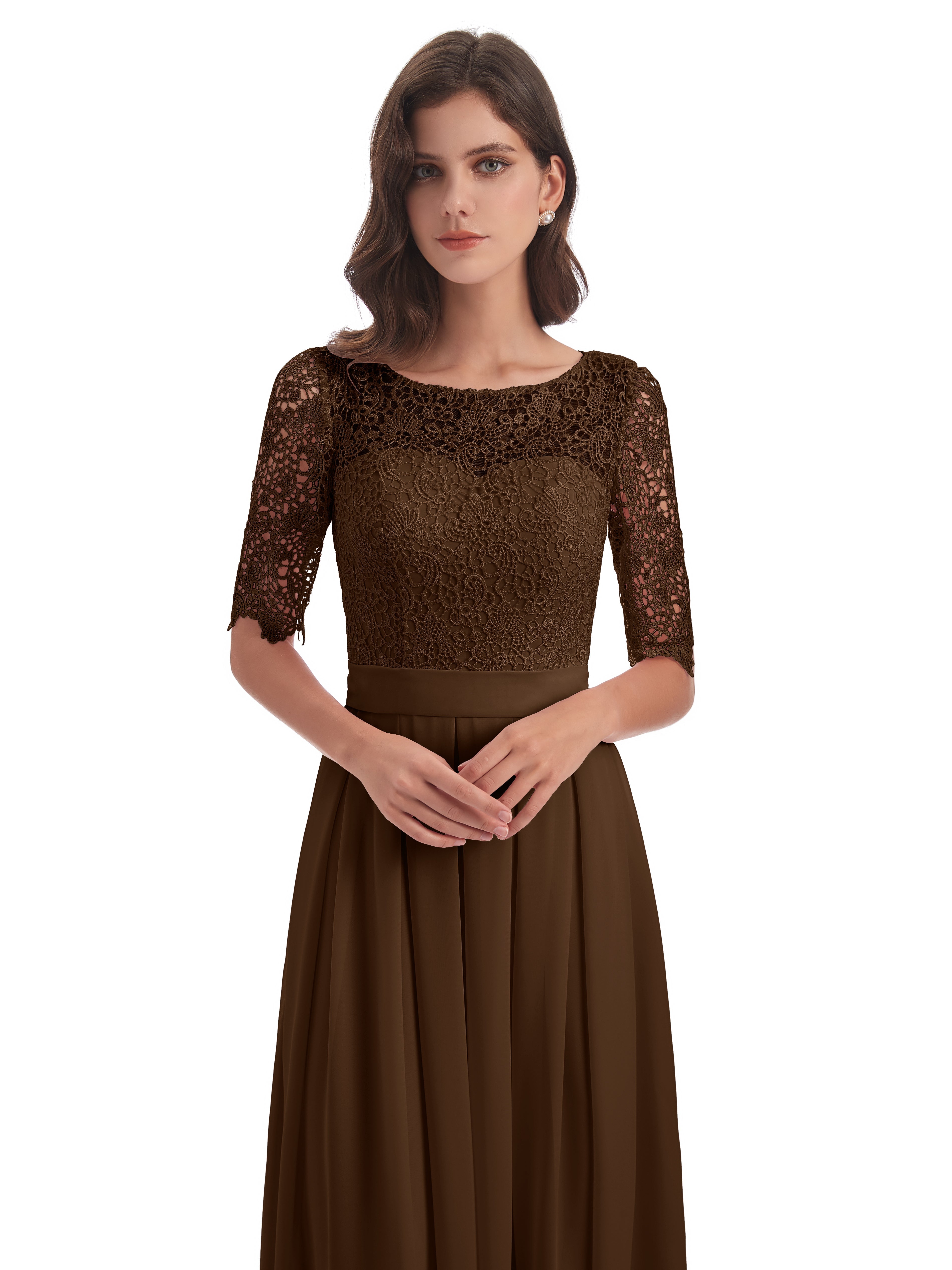Robes De Demoiselle D'Honneur Brun Demi Manches Encolure Dégagée Robes Demoiselle D'Honneur