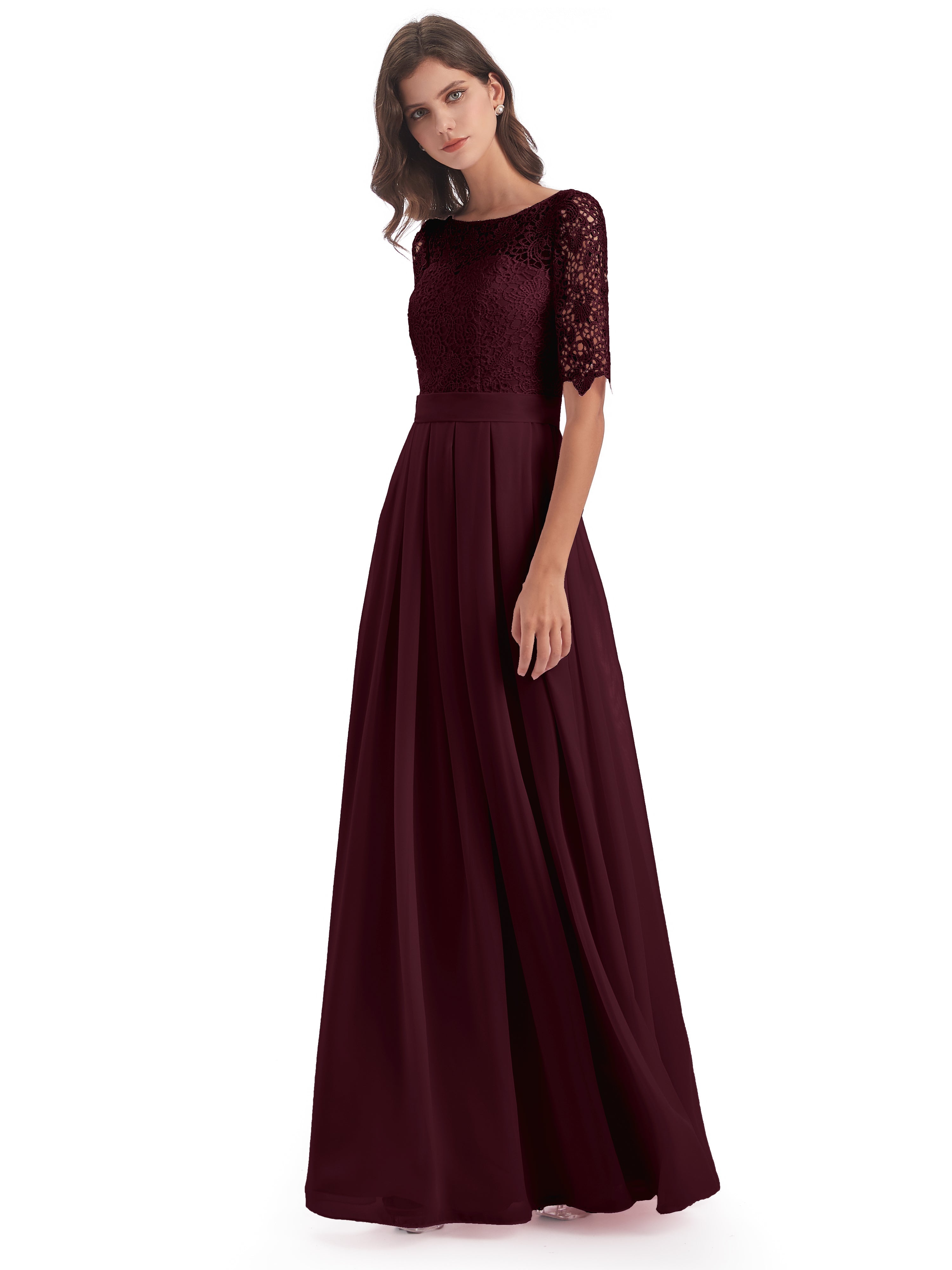 Robes De Demoiselle D'Honneur Cabernet Demi Manches Encolure Dégagée Robes Demoiselle D'Honneur