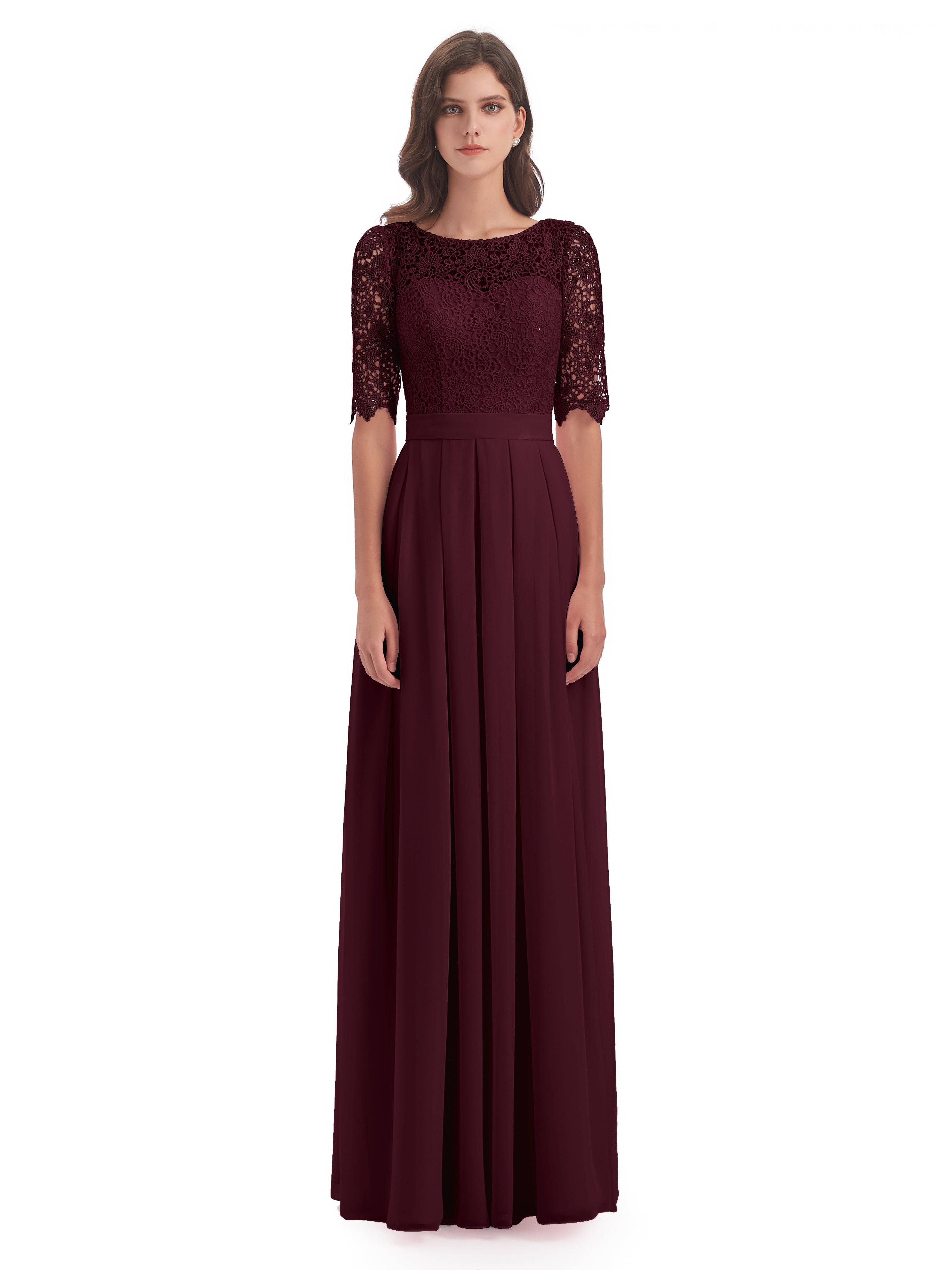 Robes De Demoiselle D'Honneur Cabernet Demi Manches Encolure Dégagée Robes Demoiselle D'Honneur