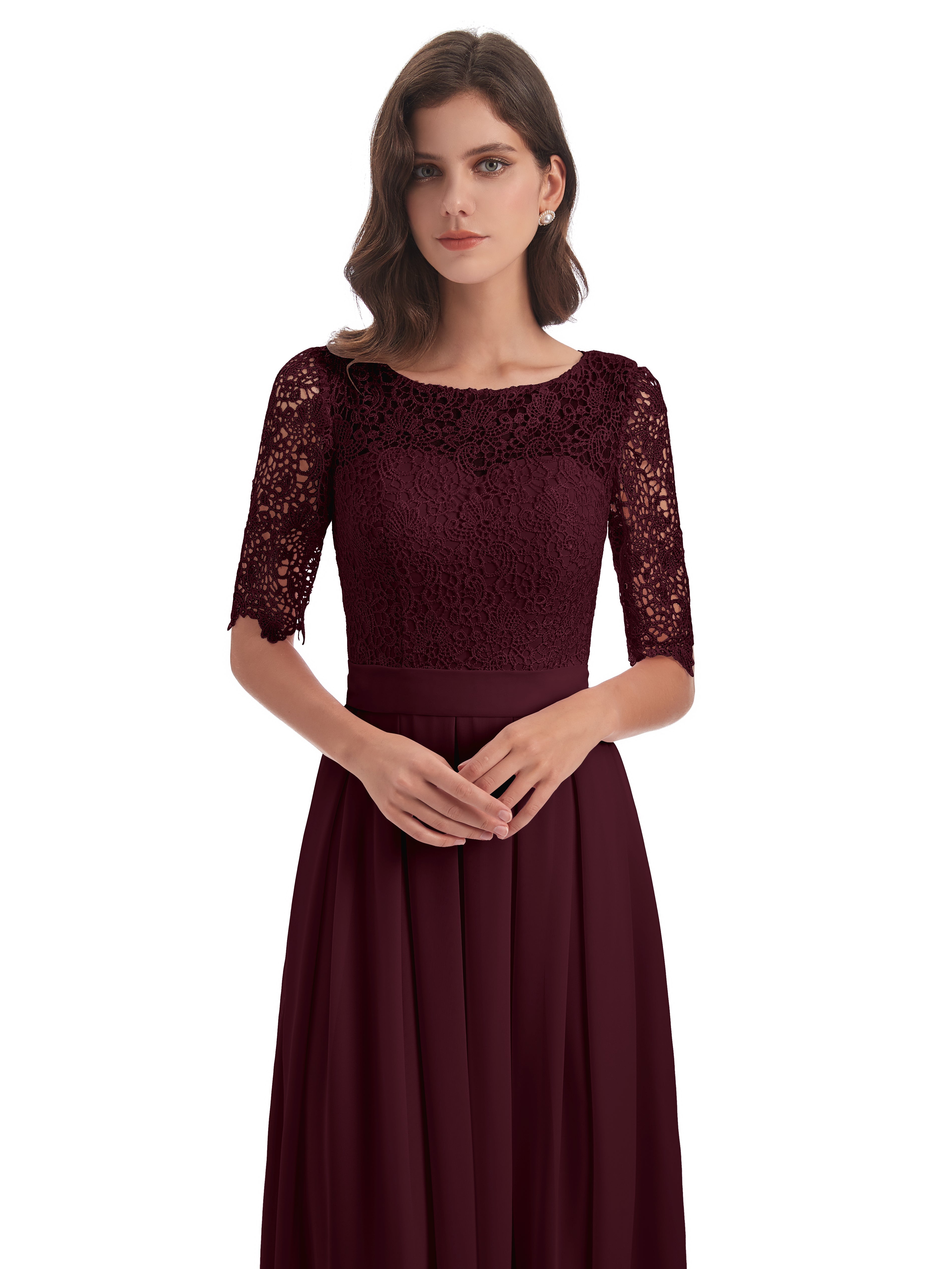 Robes De Demoiselle D'Honneur Cabernet Demi Manches Encolure Dégagée Robes Demoiselle D'Honneur