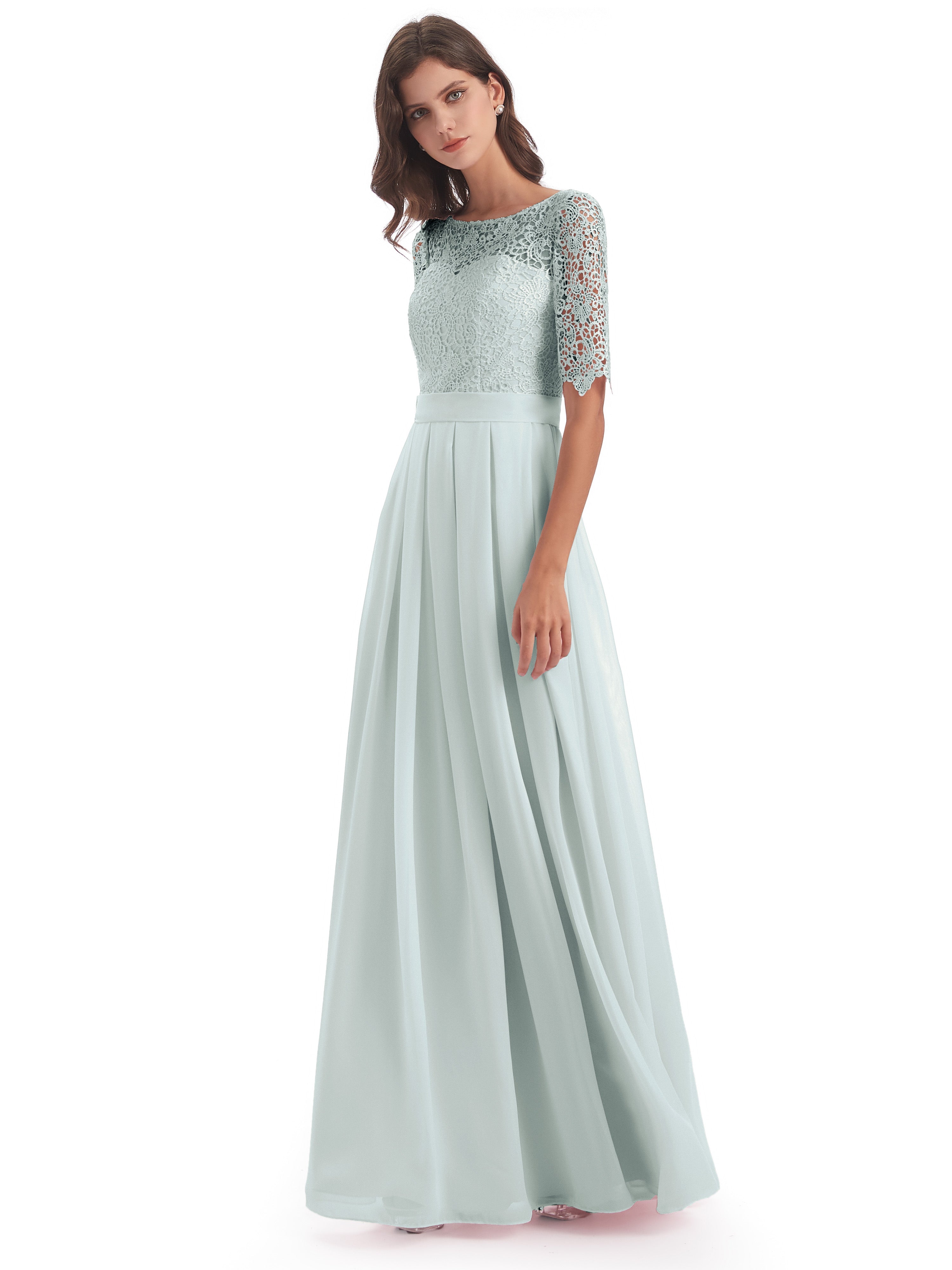 Robe Demoiselle D Honneur Celadon Demi Manches Encolure Dégagée Robes Demoiselle D'Honneur
