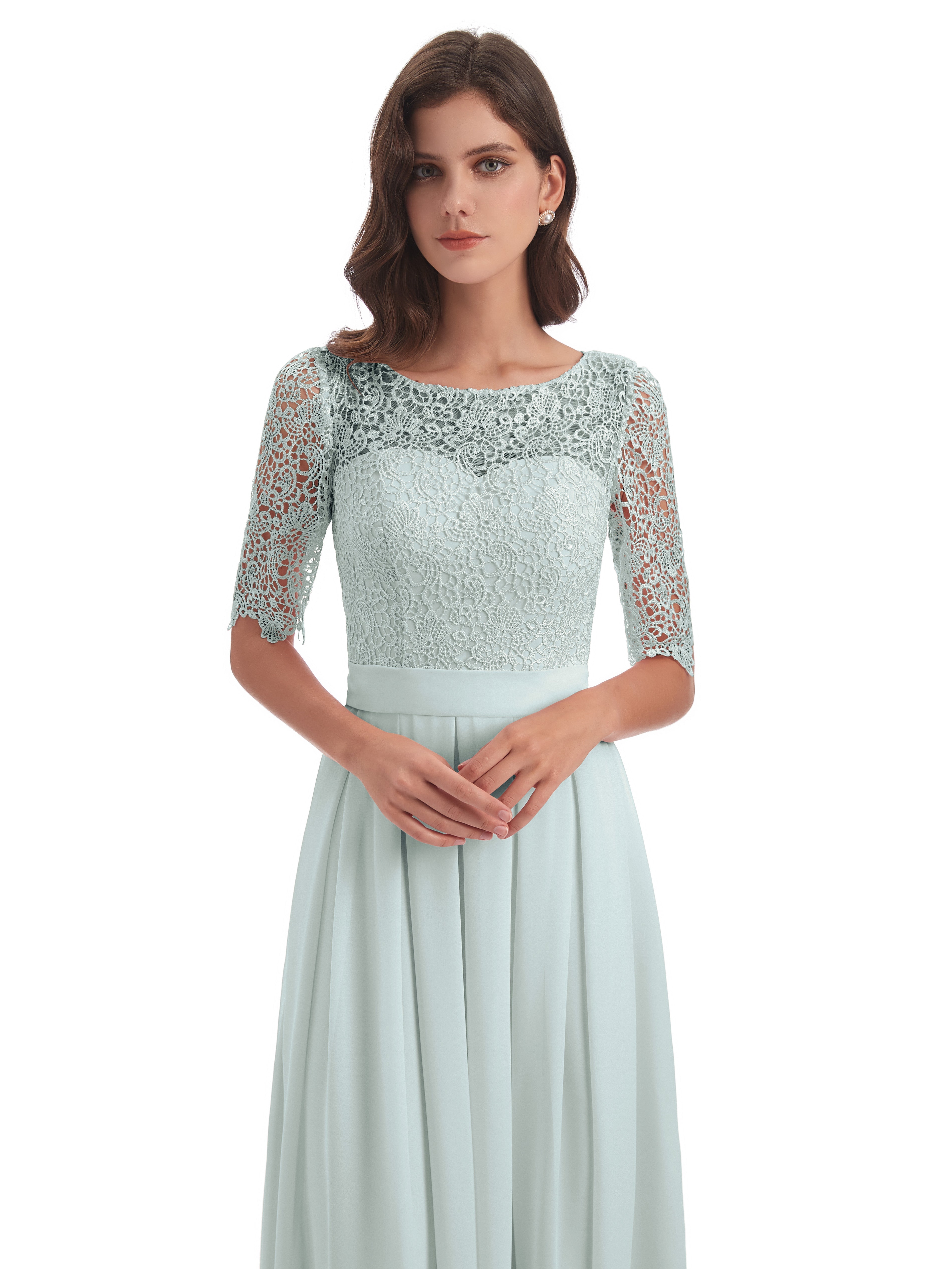 Robe Demoiselle D Honneur Celadon Demi Manches Encolure Dégagée Robes Demoiselle D'Honneur