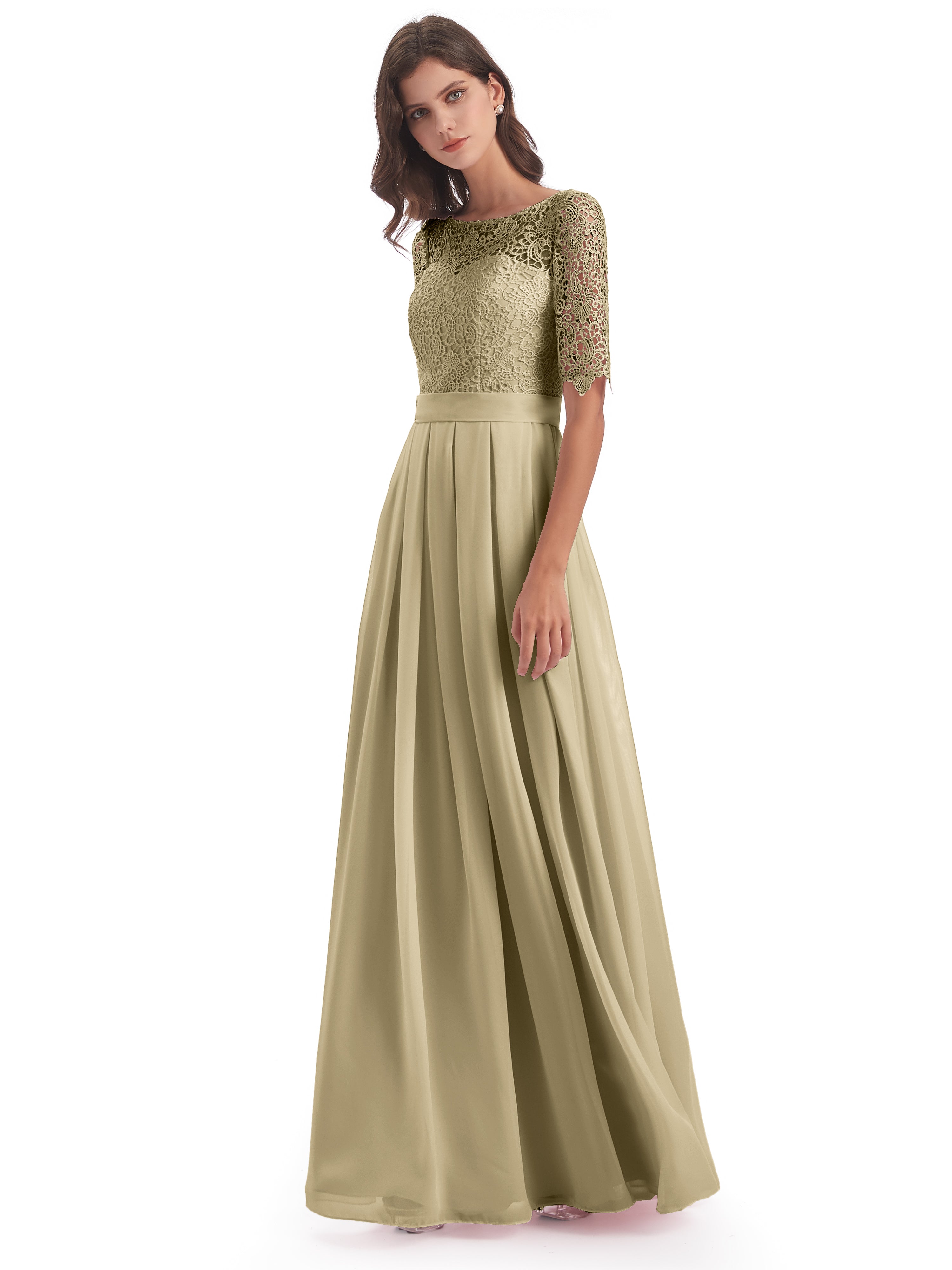 Champagne Robe Demoiselle D Honneur Demi Manches Encolure Dégagée Robes Demoiselle D'Honneur