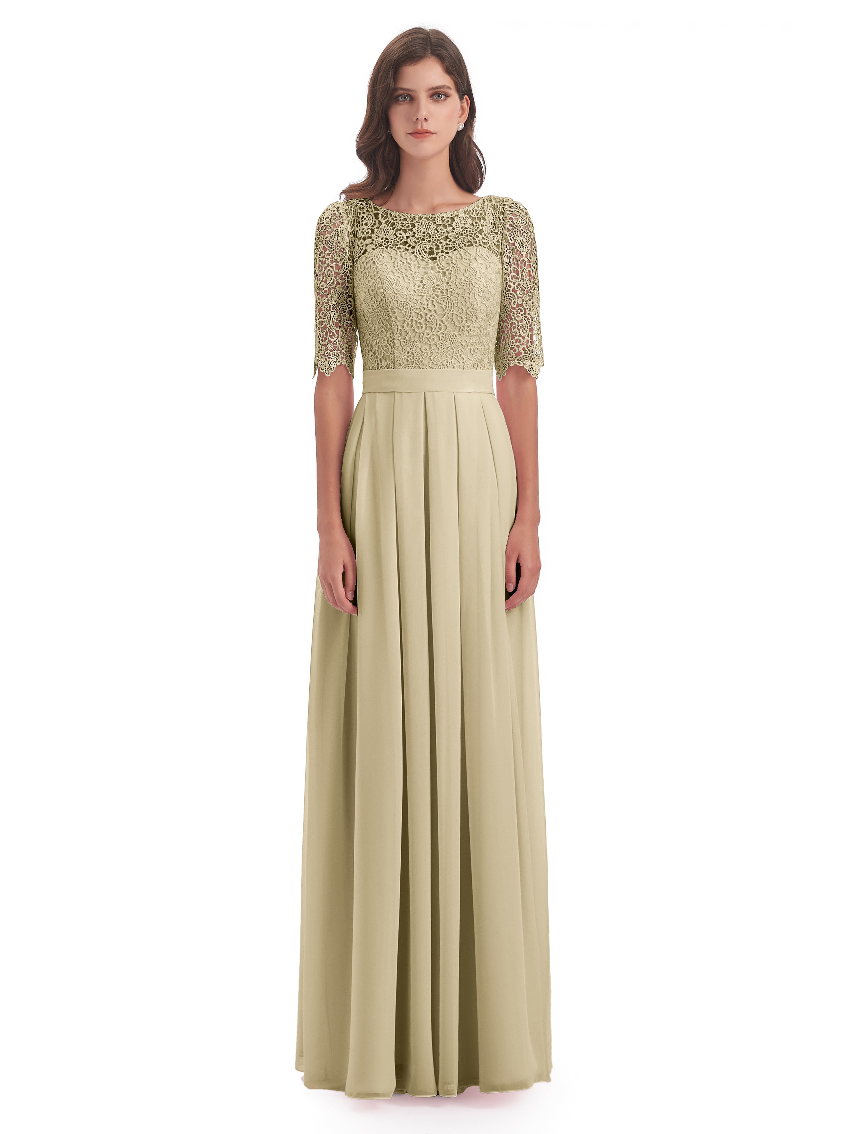 Champagne Robe Demoiselle D Honneur Demi Manches Encolure Dégagée Robes Demoiselle D'Honneur