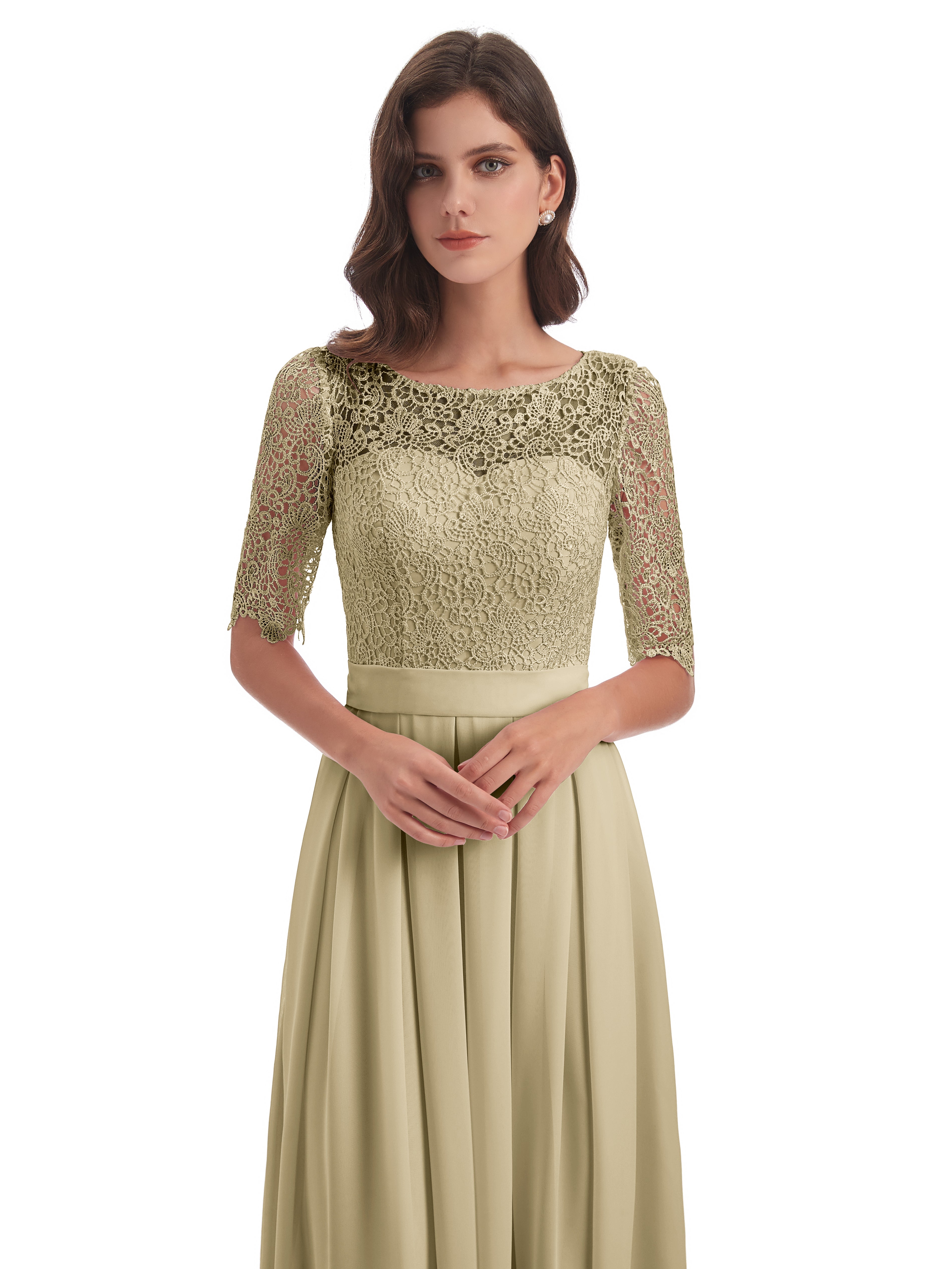 Champagne Robe Demoiselle D Honneur Demi Manches Encolure Dégagée Robes Demoiselle D'Honneur