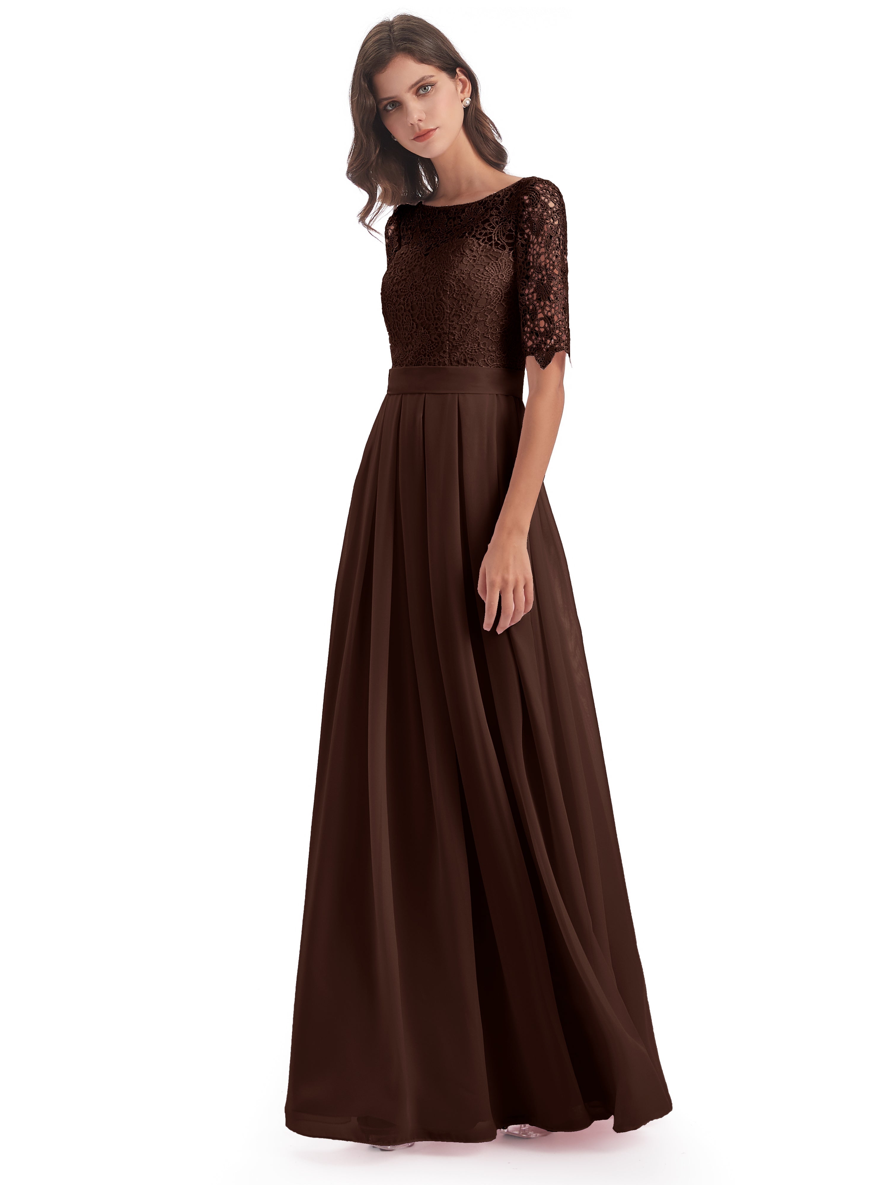 Robe Demoiselle D Honneur Marron Chocolat Demi Manches Encolure Dégagée Robes Demoiselle D'Honneur