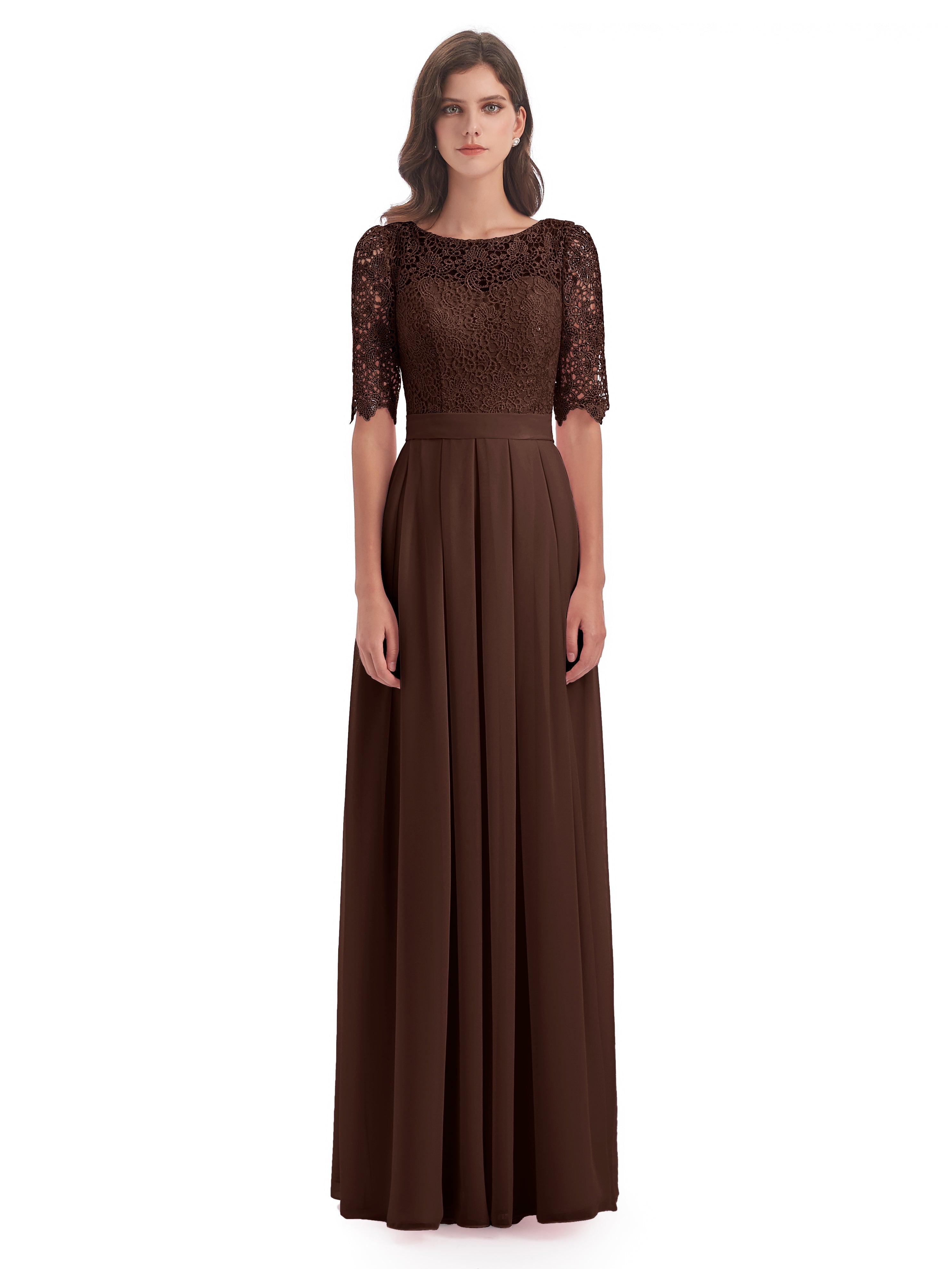 Robe Demoiselle D Honneur Marron Chocolat Demi Manches Encolure Dégagée Robes Demoiselle D'Honneur