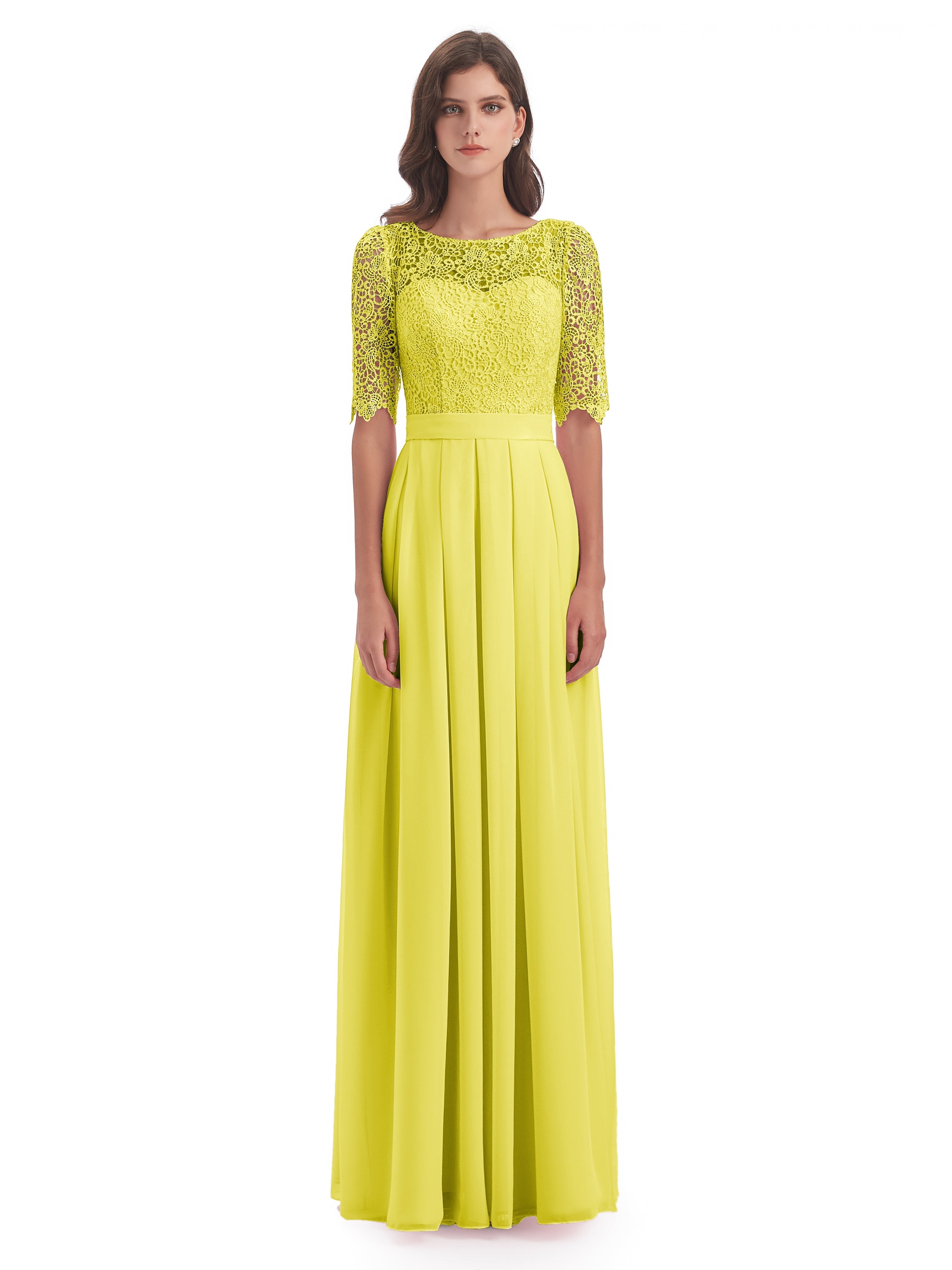 Robes De Demoiselle D'Honneur Citron Demi Manches Encolure Dégagée Robes Demoiselle D'Honneur
