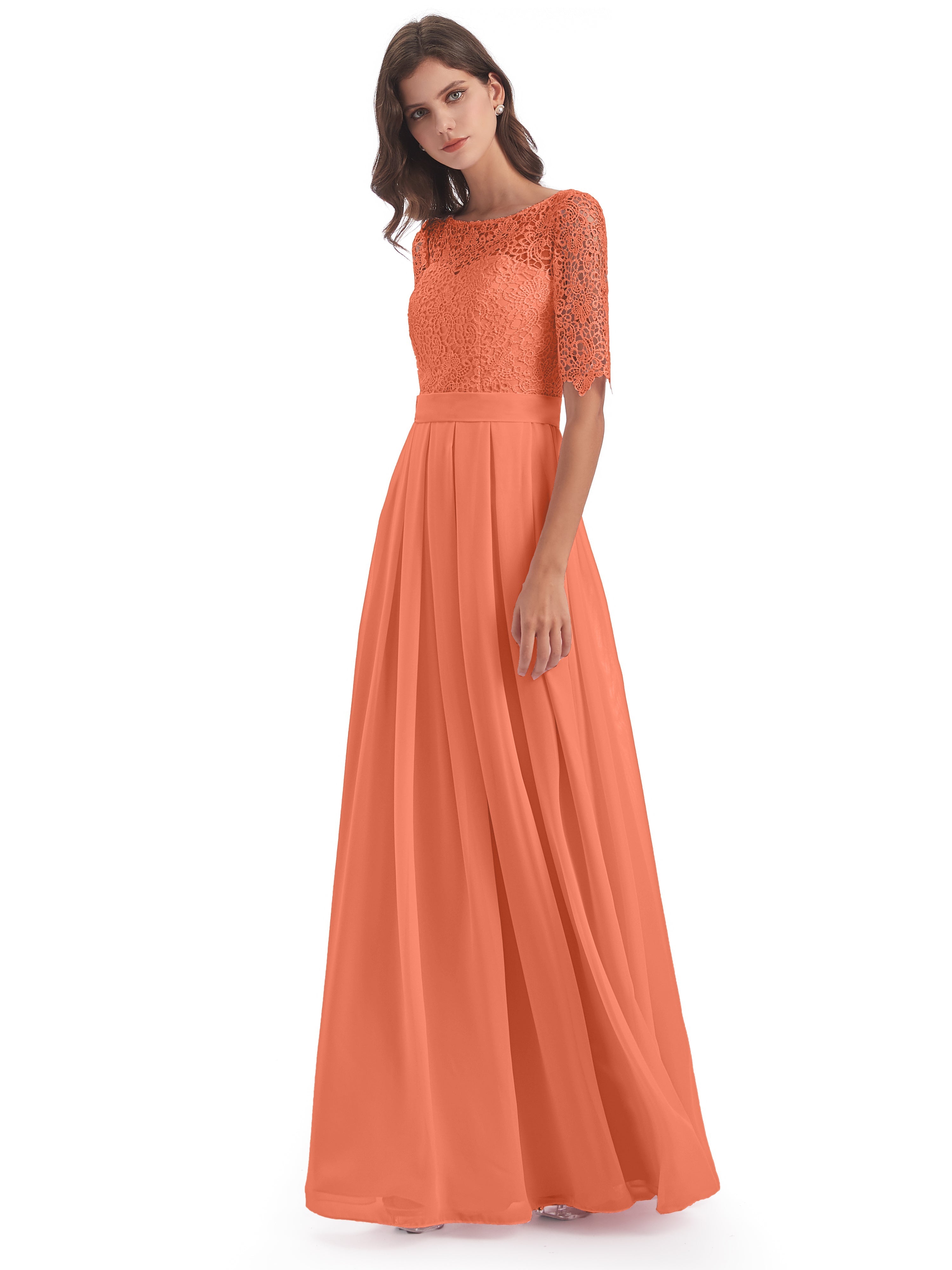 Robes De Demoiselle D'Honneur Coucher De Soleil Demi Manches Encolure Dégagée Robes Demoiselle D'Honneur