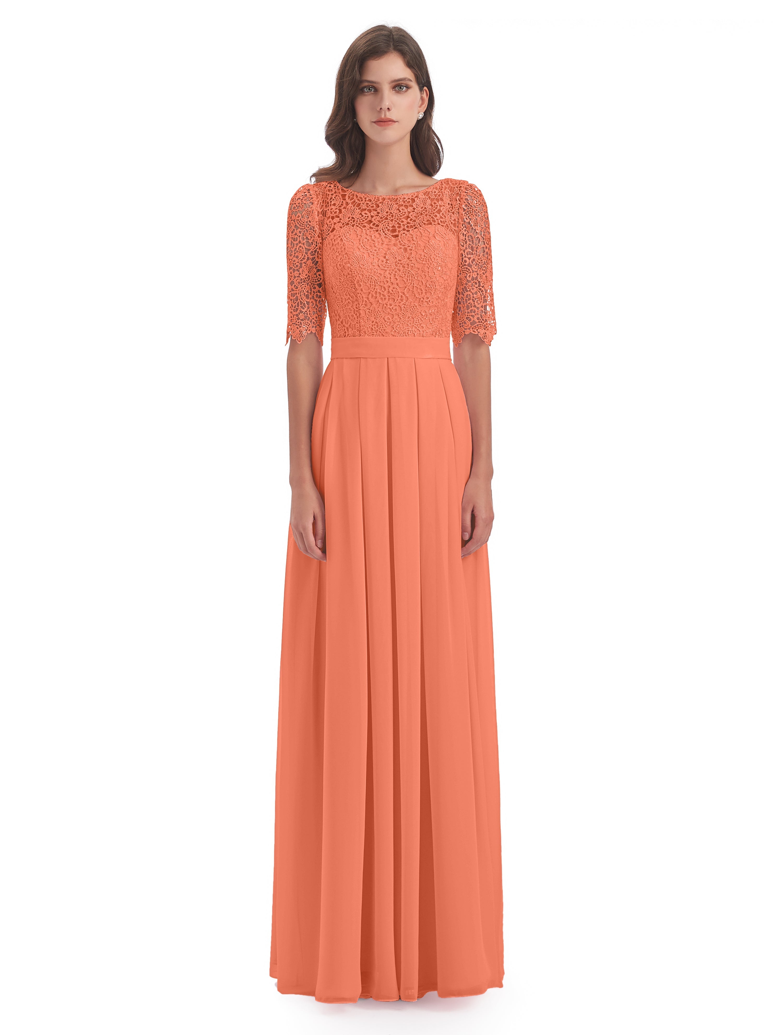 Robes De Demoiselle D'Honneur Coucher De Soleil Demi Manches Encolure Dégagée Robes Demoiselle D'Honneur
