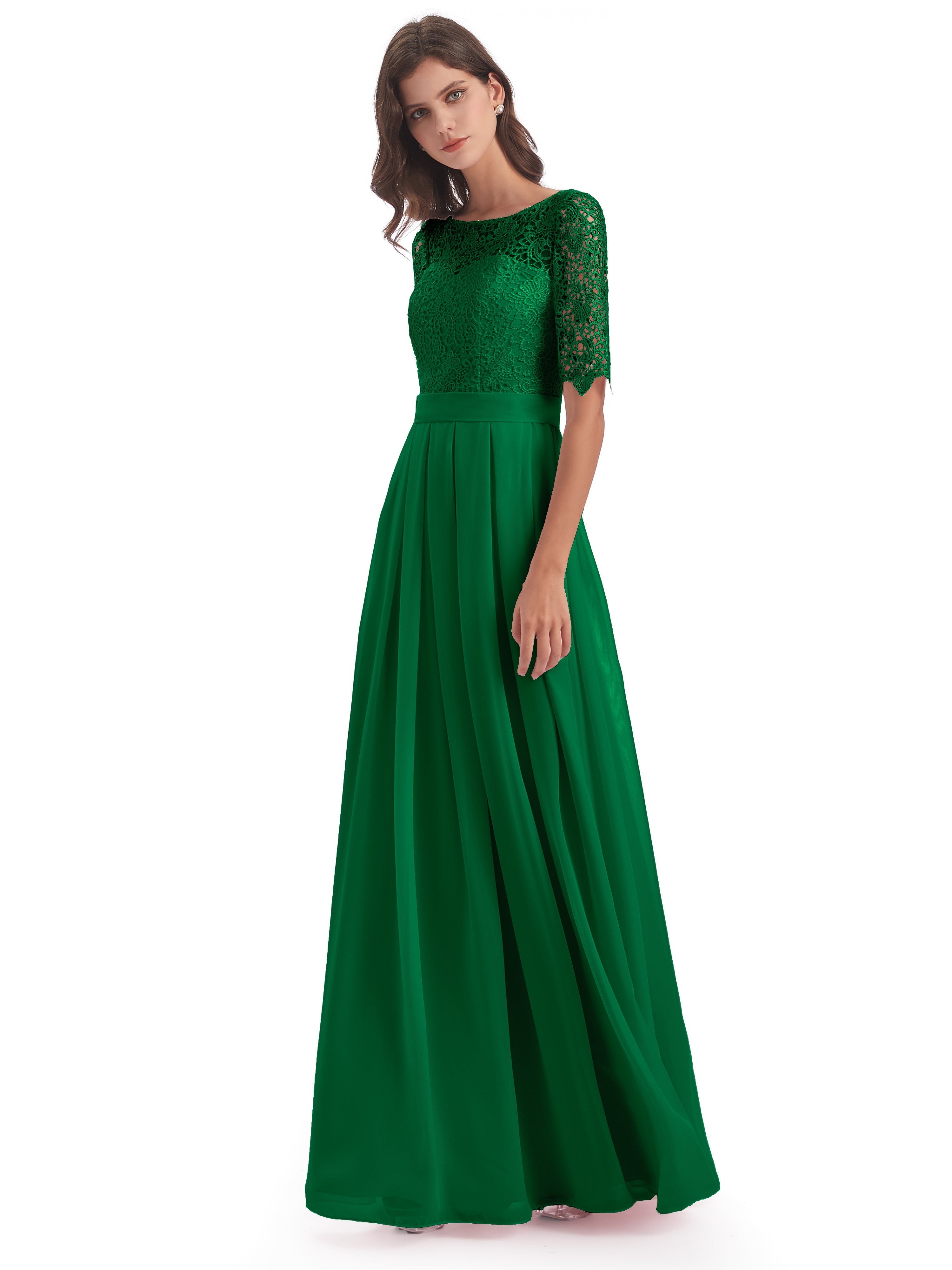 Demoiselle D Honneur Vert Émeraude Demi Manches Encolure Dégagée Robes Demoiselle D'Honneur
