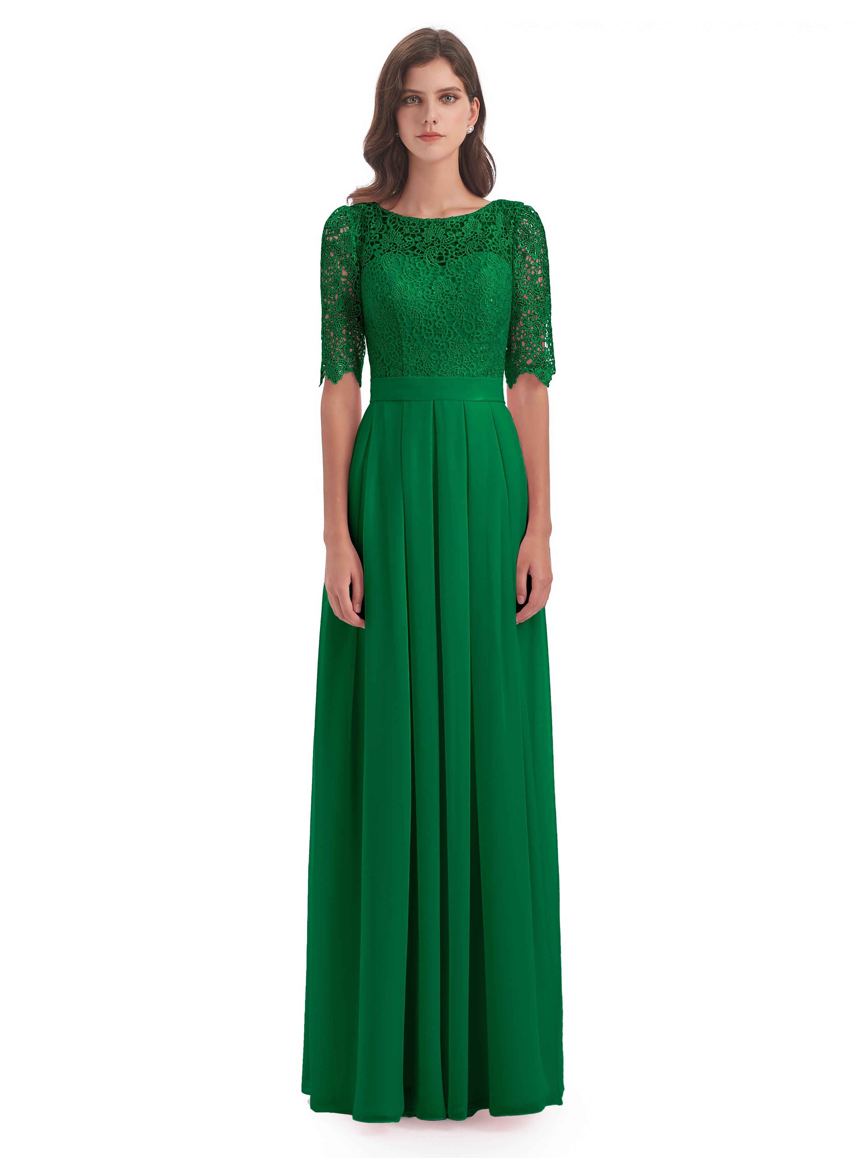 Demoiselle D Honneur Vert Émeraude Demi Manches Encolure Dégagée Robes Demoiselle D'Honneur