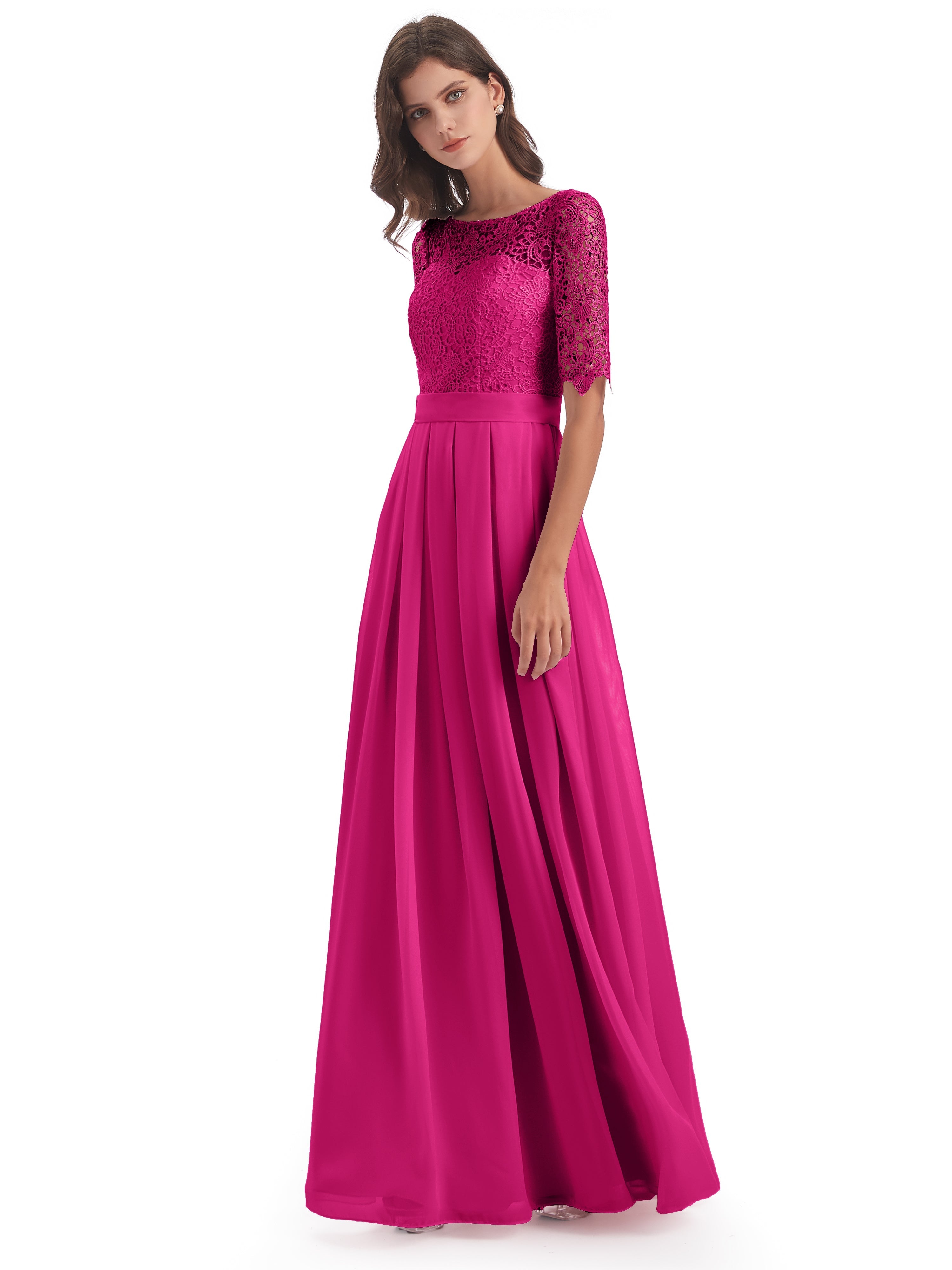 Robe De Demoiselle D Honneur Fuchsia Demi Manches Encolure Dégagée Robes Demoiselle D'Honneur