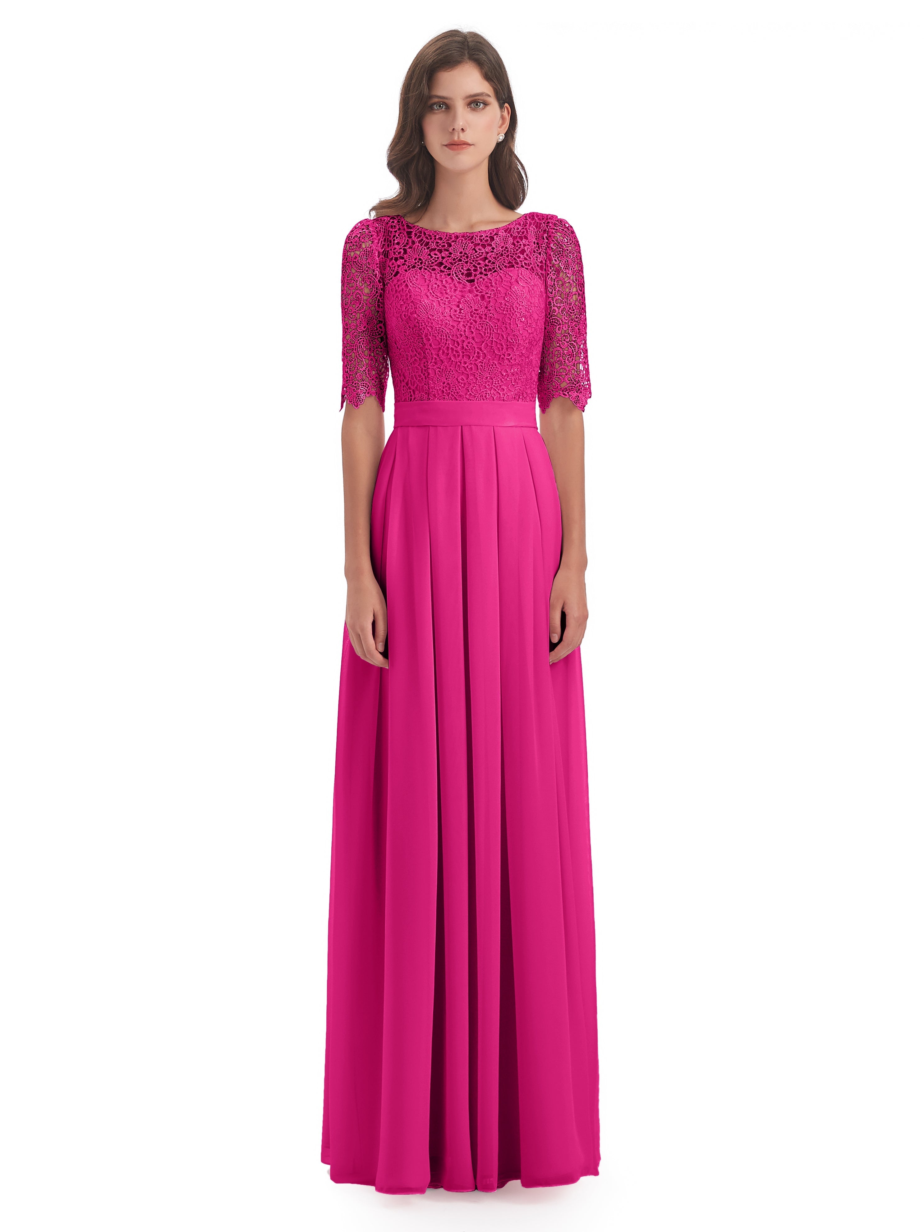 Robe De Demoiselle D Honneur Fuchsia Demi Manches Encolure Dégagée Robes Demoiselle D'Honneur