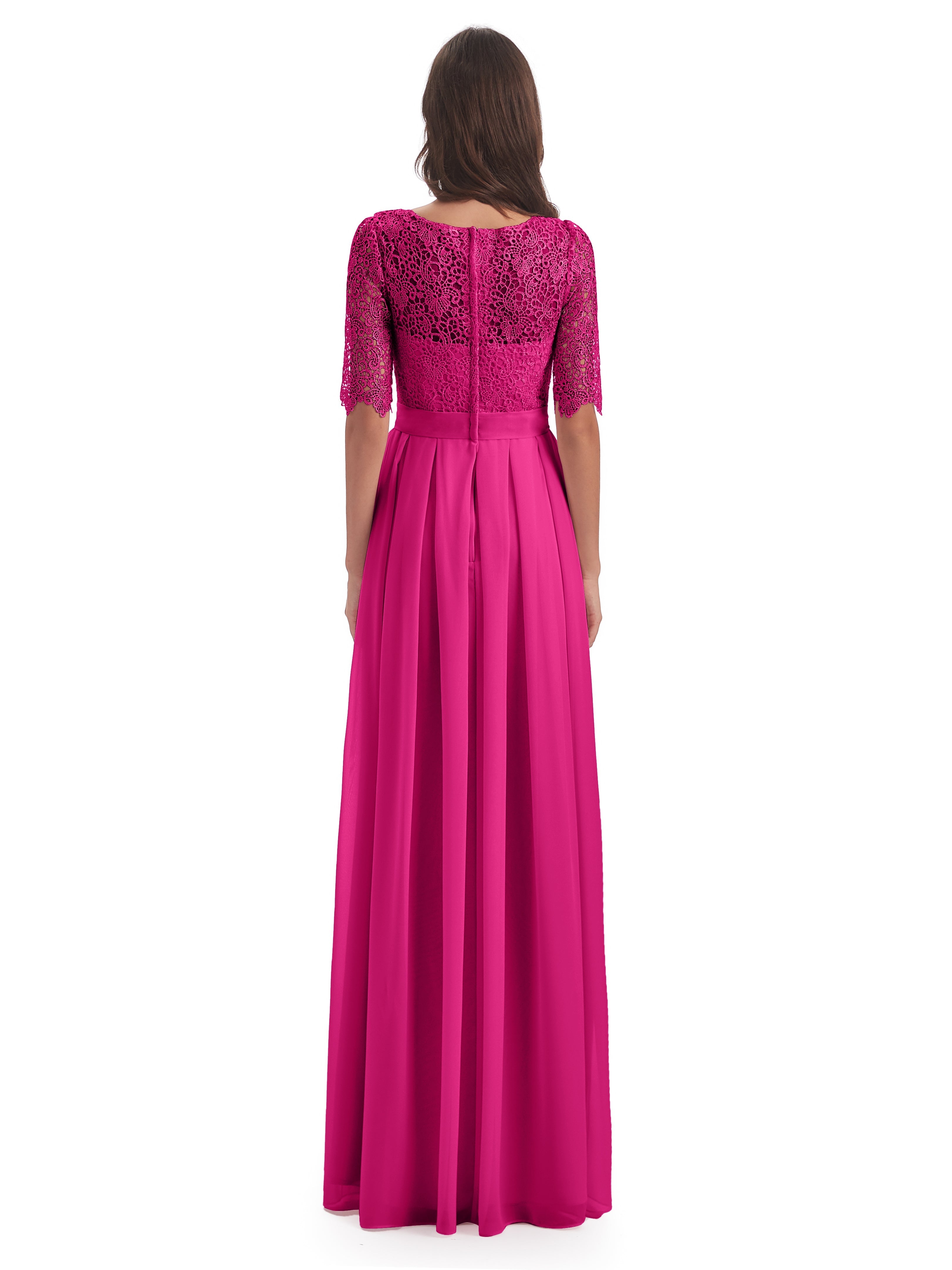Robe De Demoiselle D Honneur Fuchsia Demi Manches Encolure Dégagée Robes Demoiselle D'Honneur