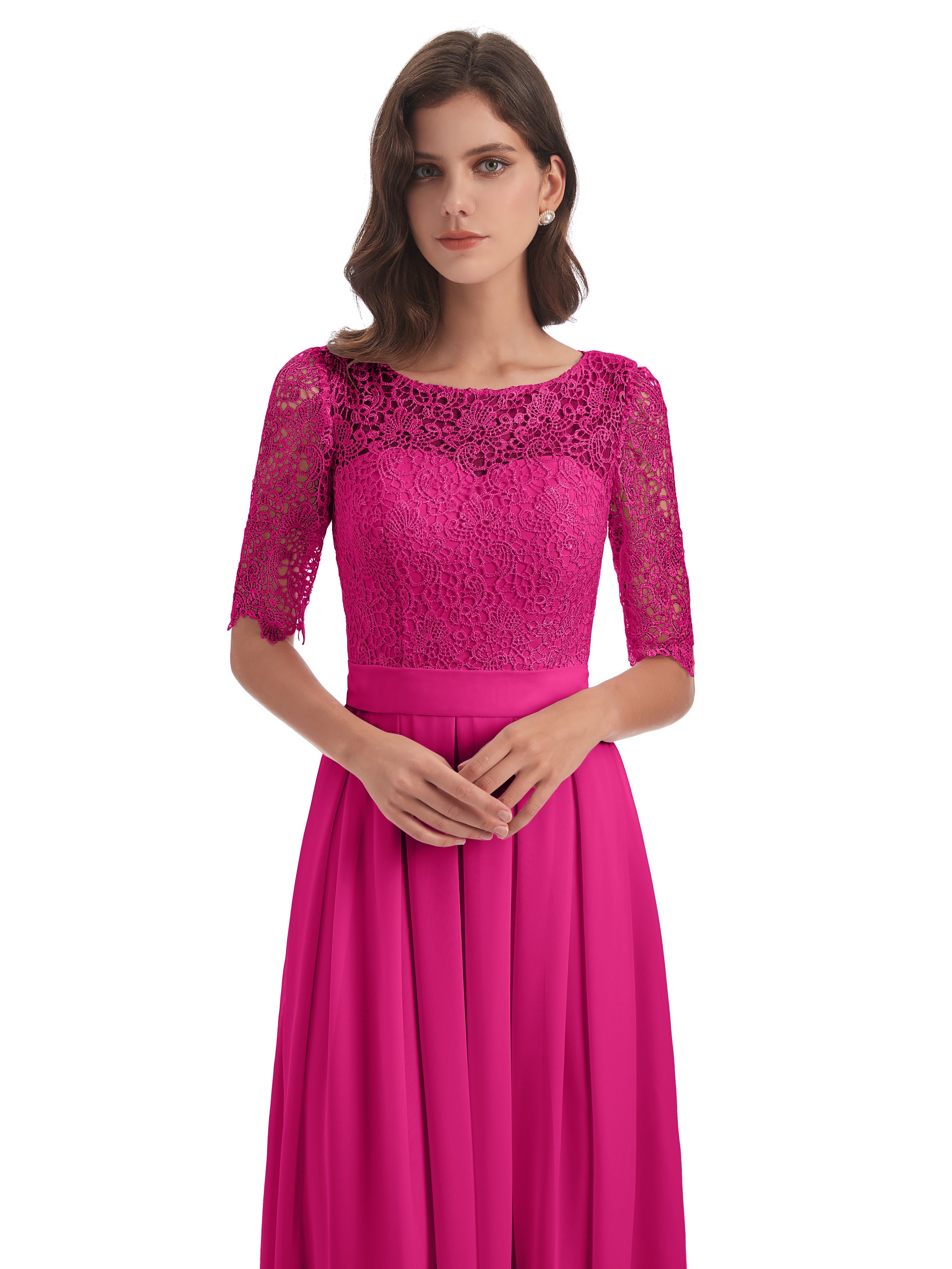 Robe De Demoiselle D Honneur Fuchsia Demi Manches Encolure Dégagée Robes Demoiselle D'Honneur