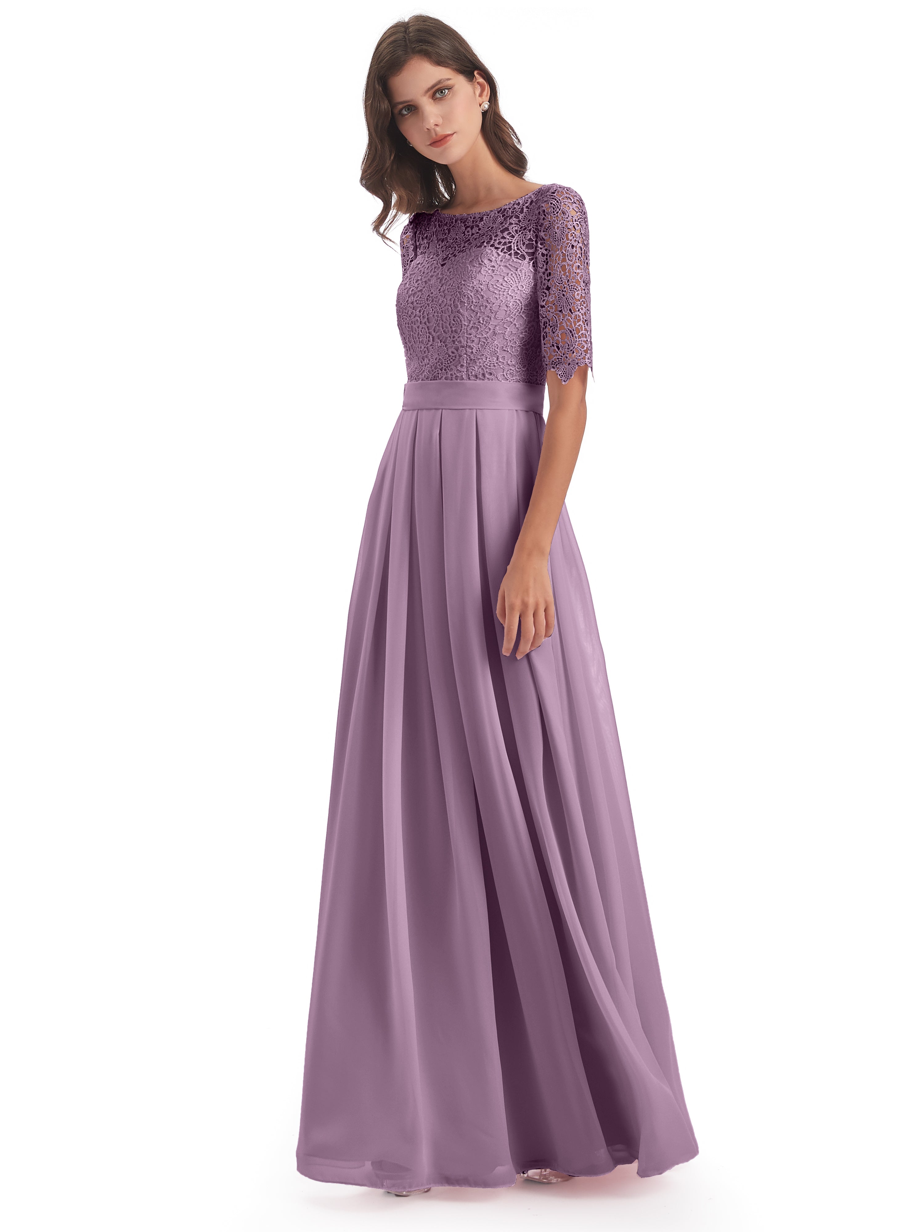 Robes De Demoiselle D'Honneur Glycine Demi Manches Encolure Dégagée Robes Demoiselle D'Honneur