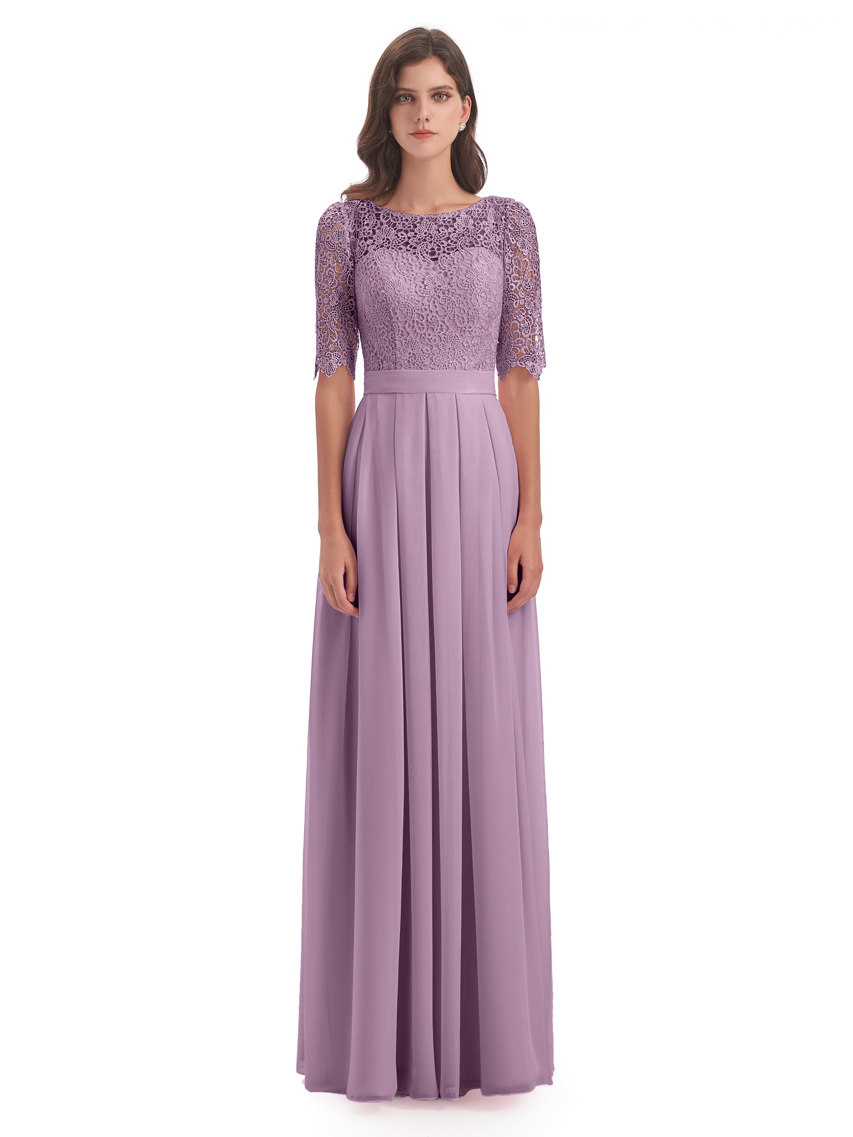Robes De Demoiselle D'Honneur Glycine Demi Manches Encolure Dégagée Robes Demoiselle D'Honneur