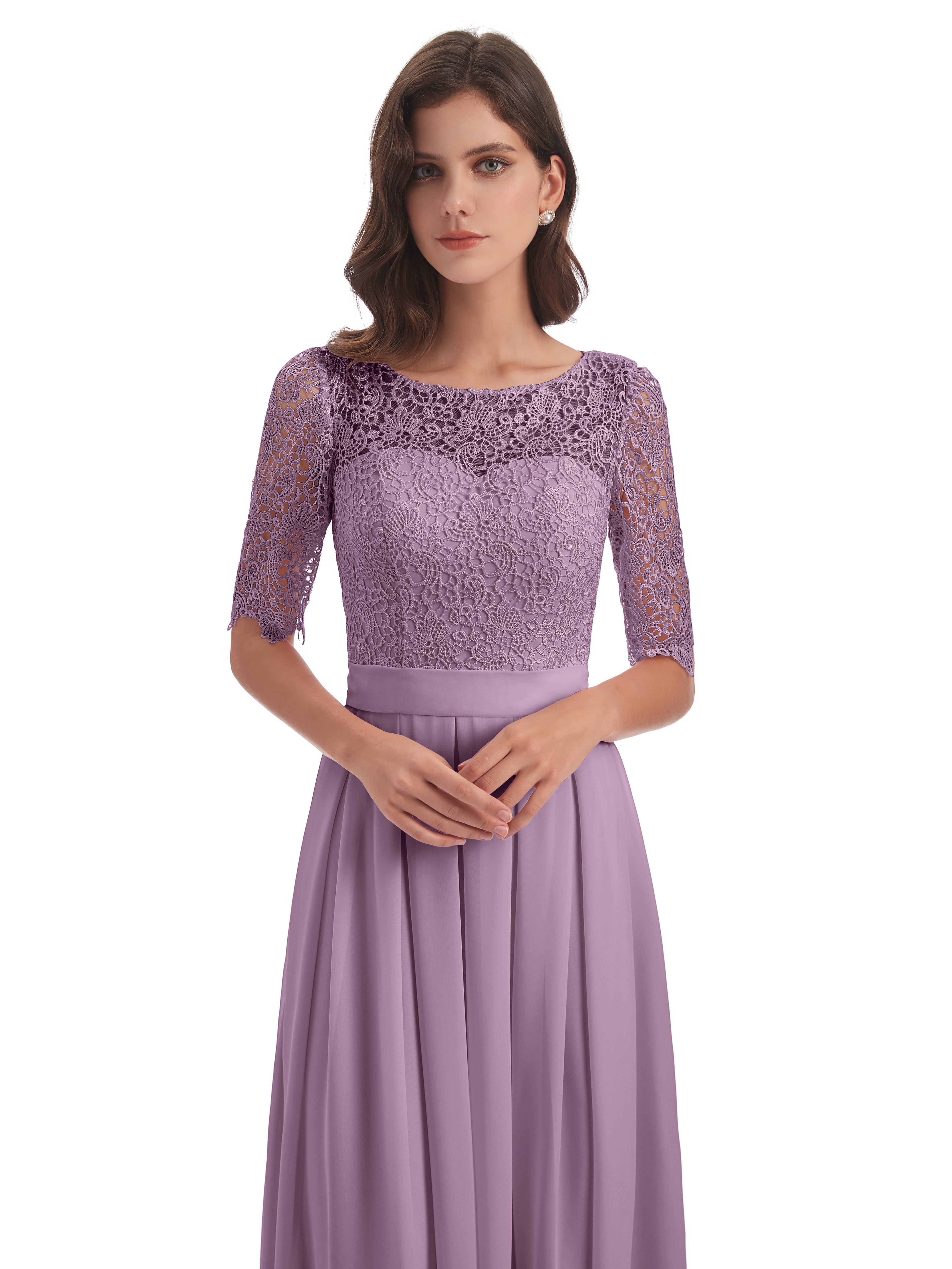 Robes De Demoiselle D'Honneur Glycine Demi Manches Encolure Dégagée Robes Demoiselle D'Honneur